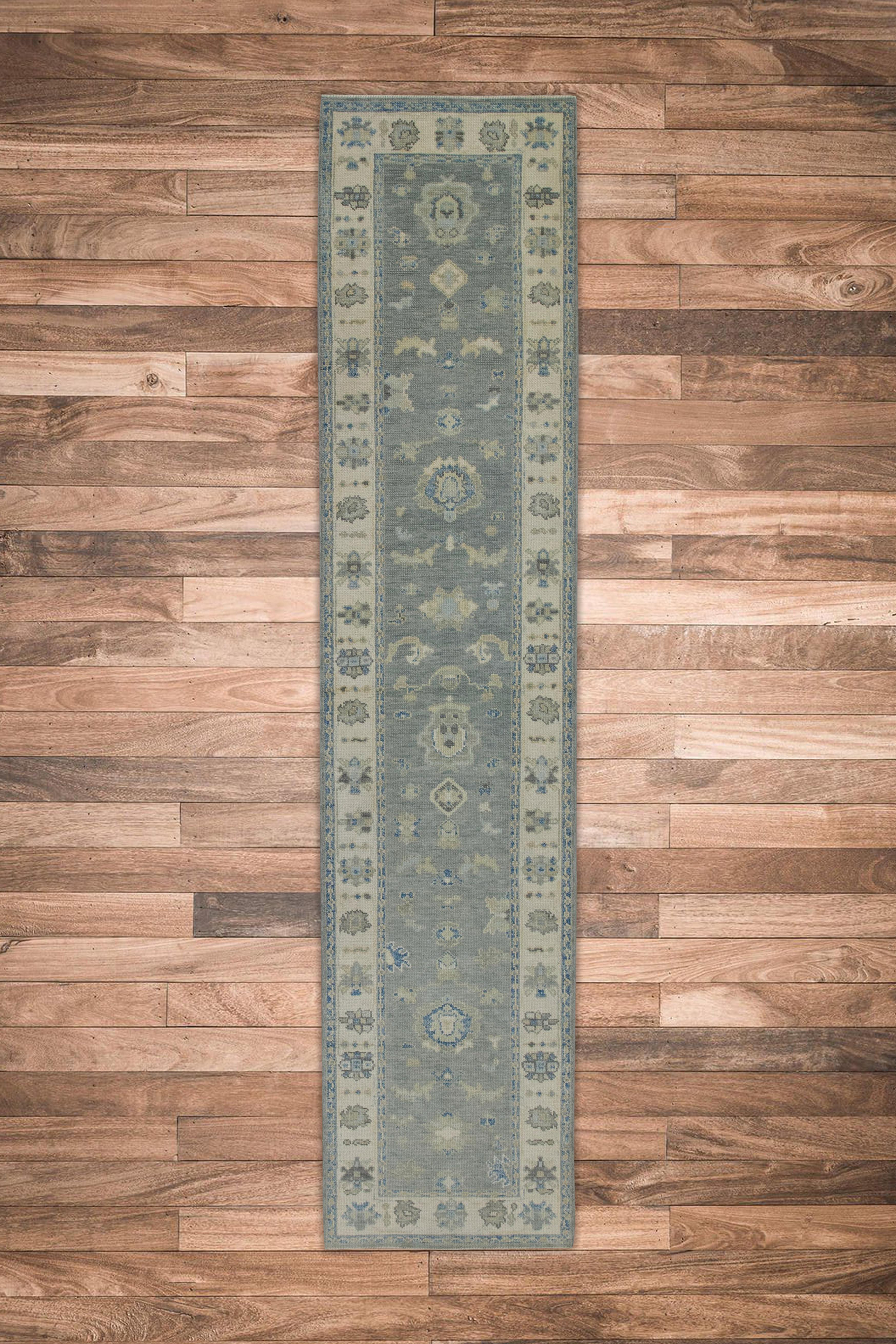 Tappeto Oushak Runner Turco Grigio e Blu Tessuto a mano in Lana 2'8