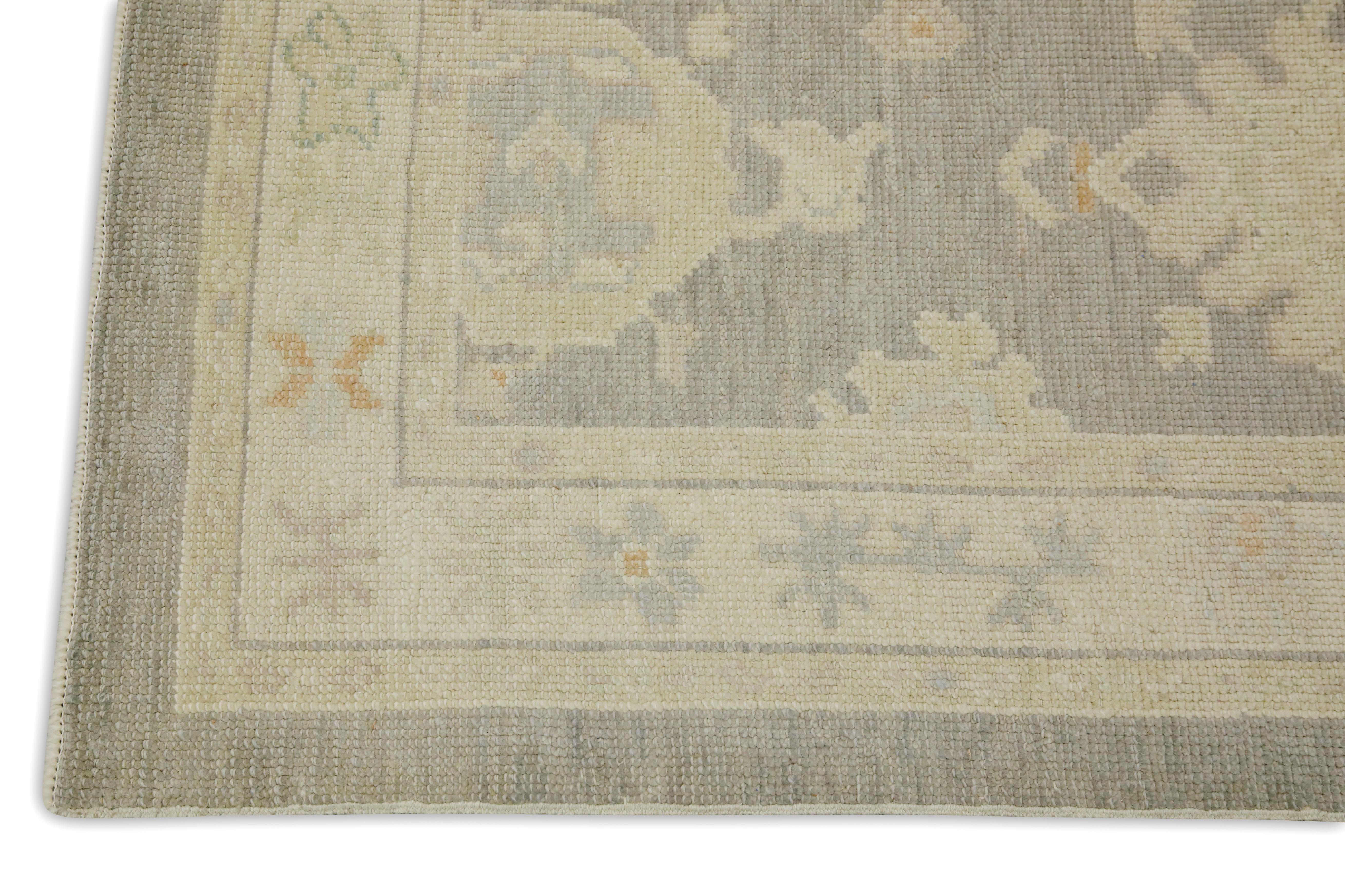 Türkische Oushak Läufer Teppich Grau Geometrische Wolle Handmade Teppich 2'9
