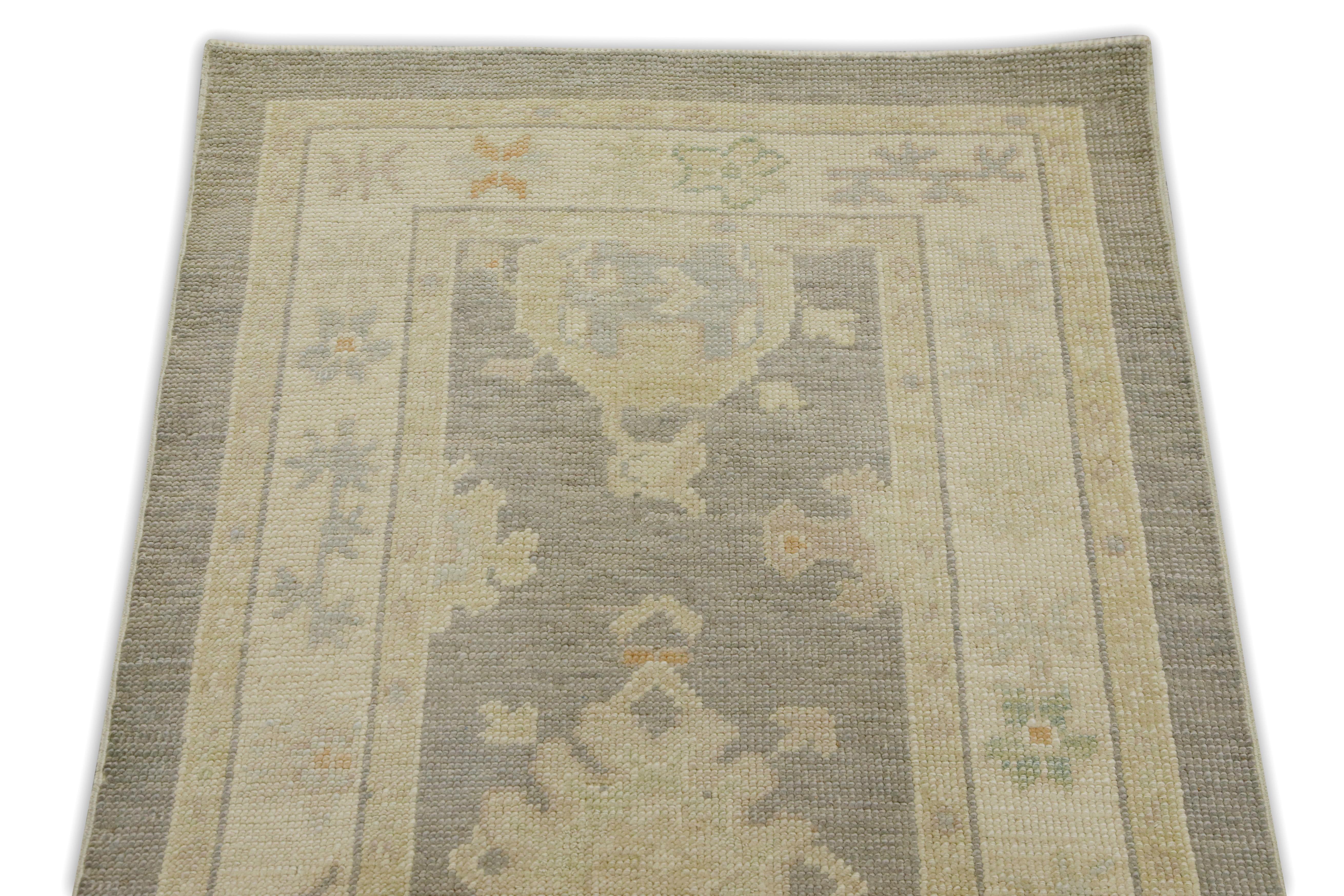 Türkische Oushak Läufer Teppich Grau Geometrische Wolle Handmade Teppich 2'9