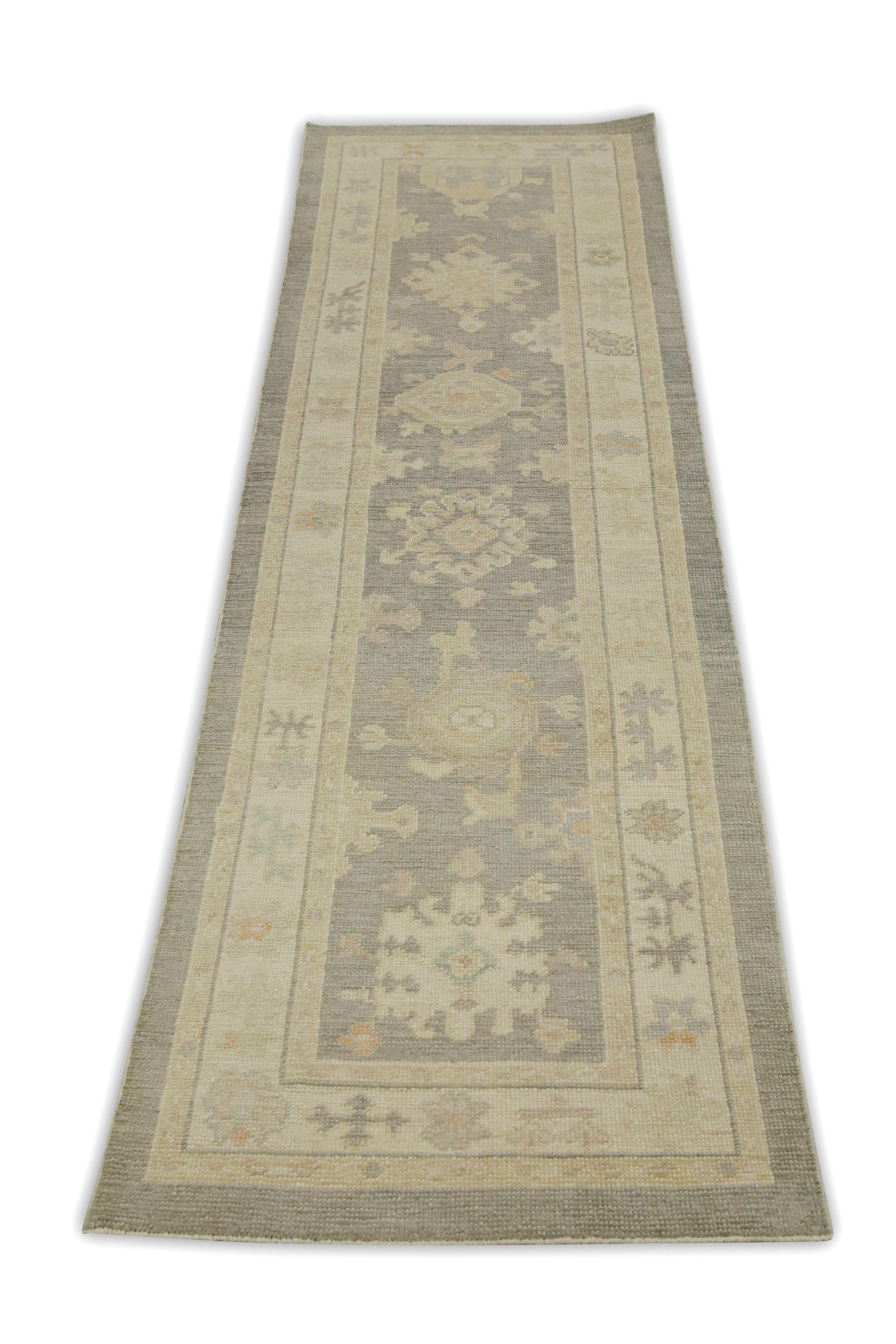 Türkische Oushak Läufer Teppich Grau Geometrische Wolle Handmade Teppich 2'9