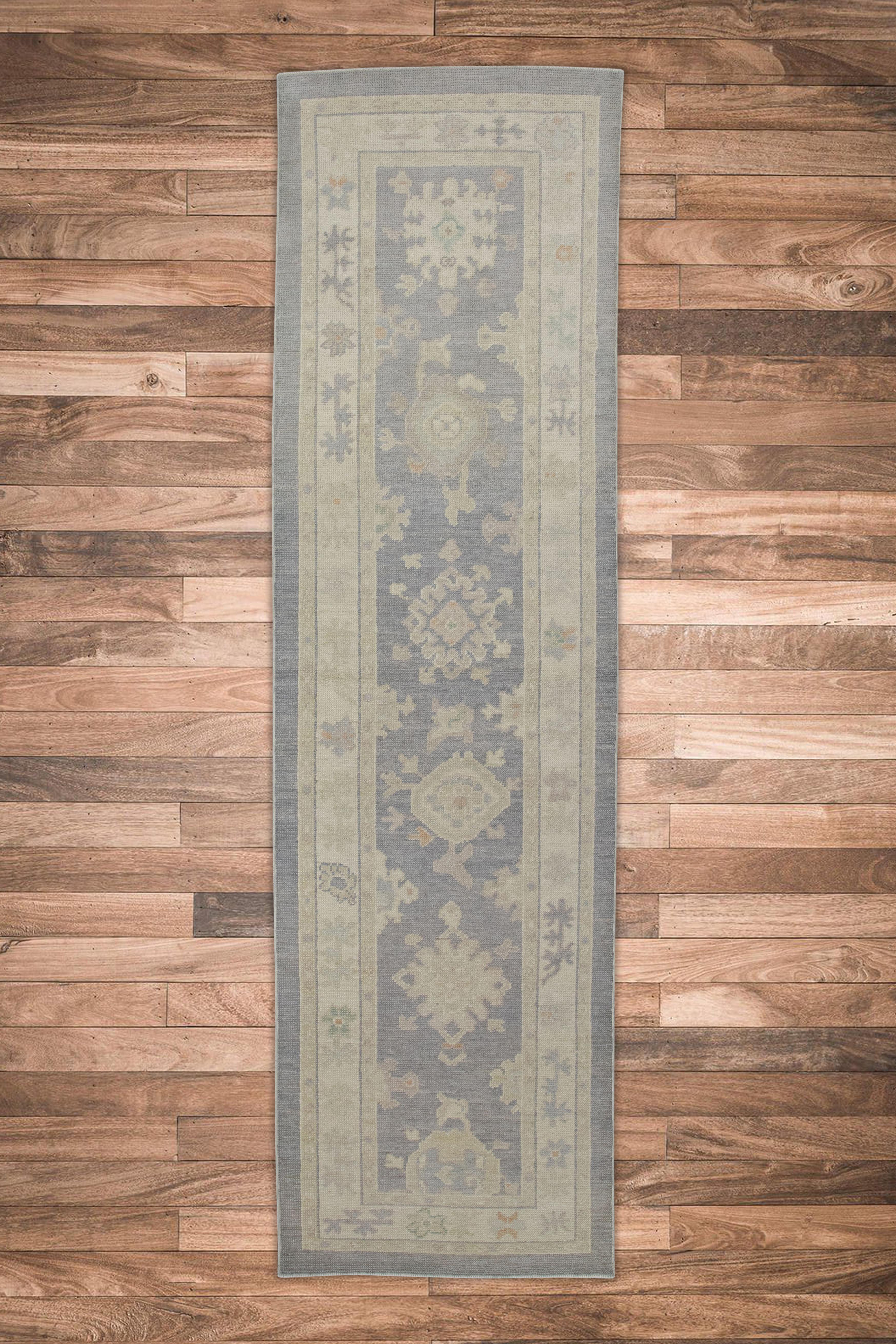 Türkische Oushak Läufer Teppich Grau Geometrische Wolle Handmade Teppich 2'9