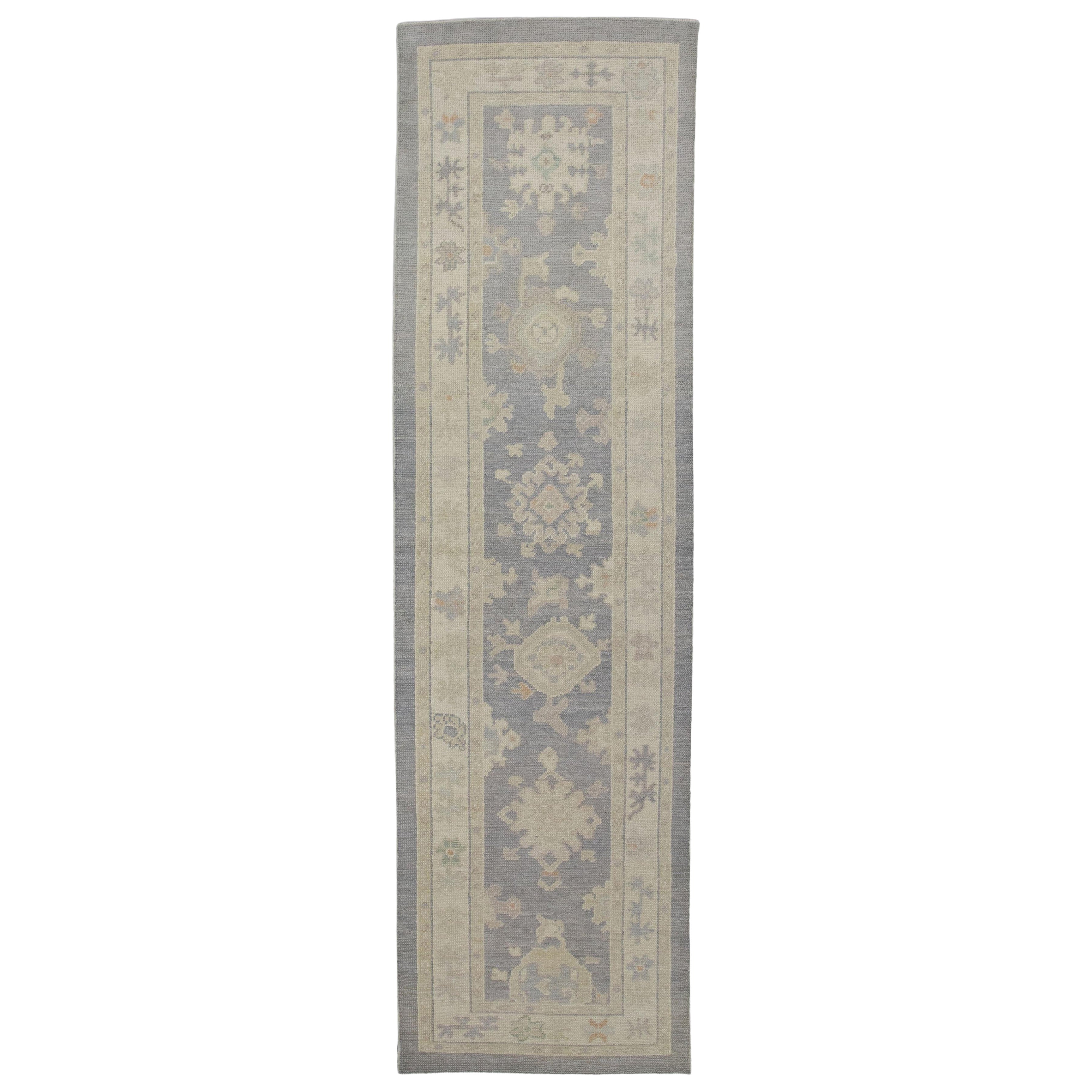 Tapis de course turc Oushak Tapis gris géométrique en laine fait à la main 2'9" x 9'11"