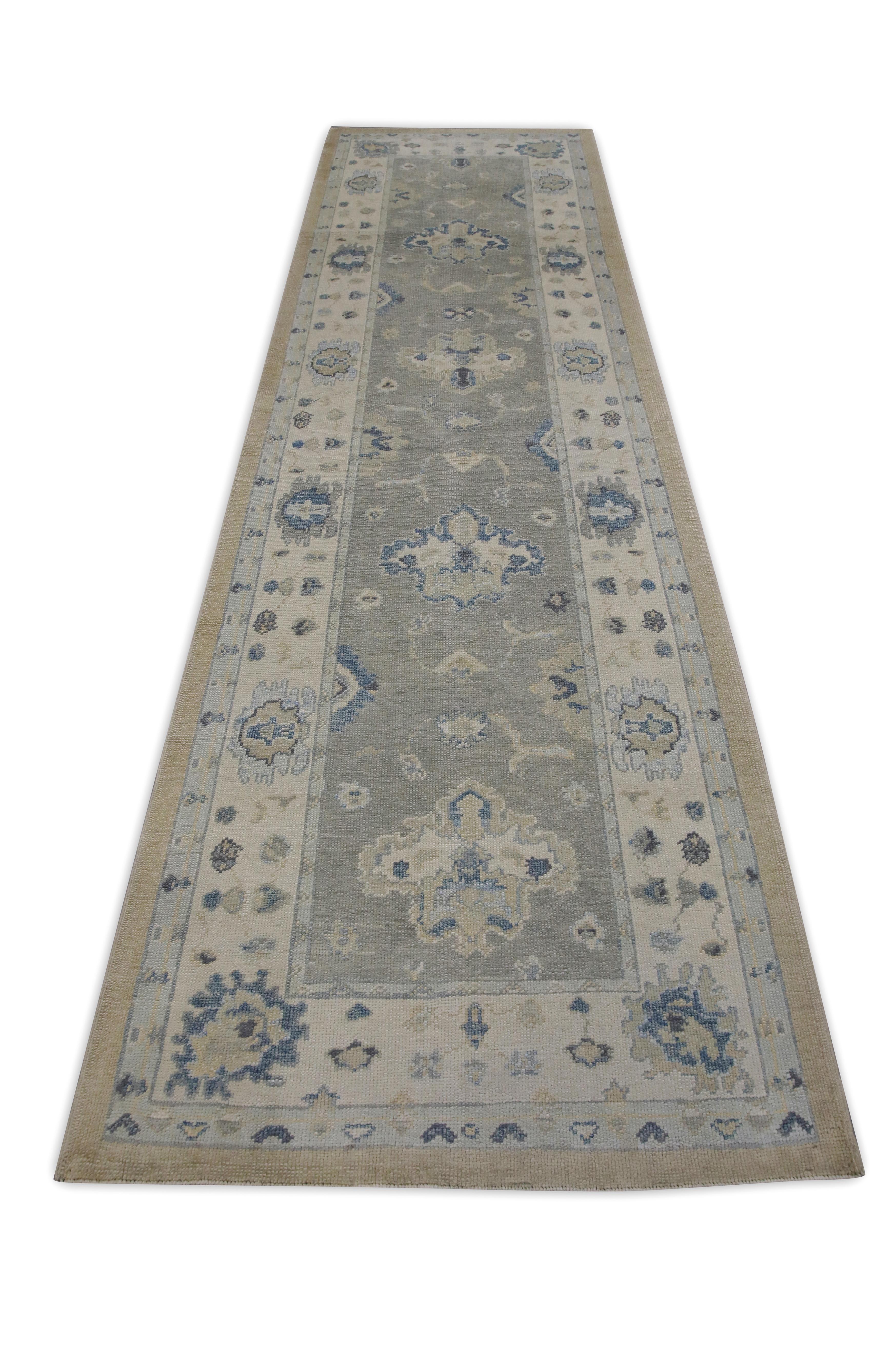 Tappeto Oushak Runner Turco Grigio Tessuto a mano in lana 3'10