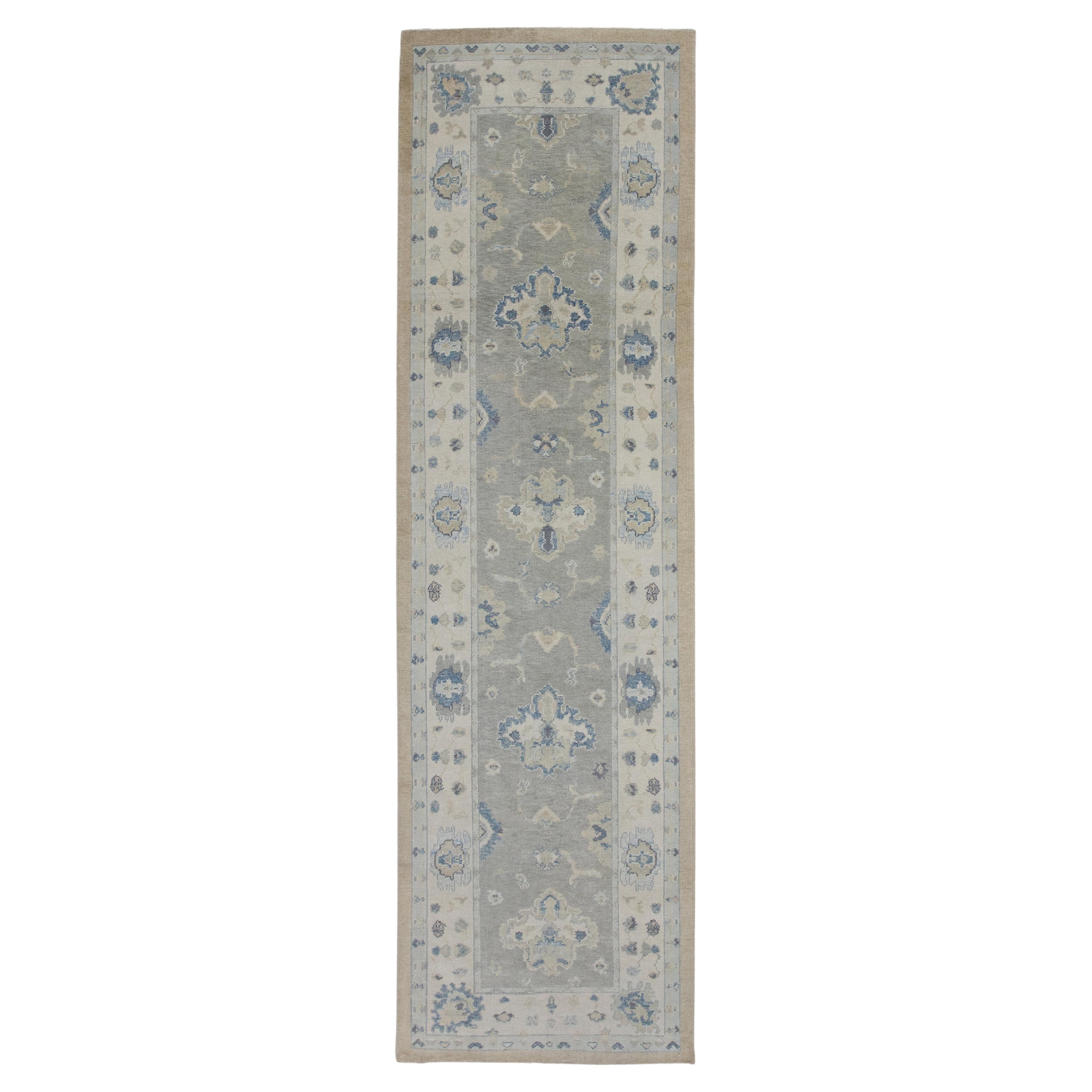 Tapis de couloir turc Oushak gris tissé à la main 3'10" X 13'6"
