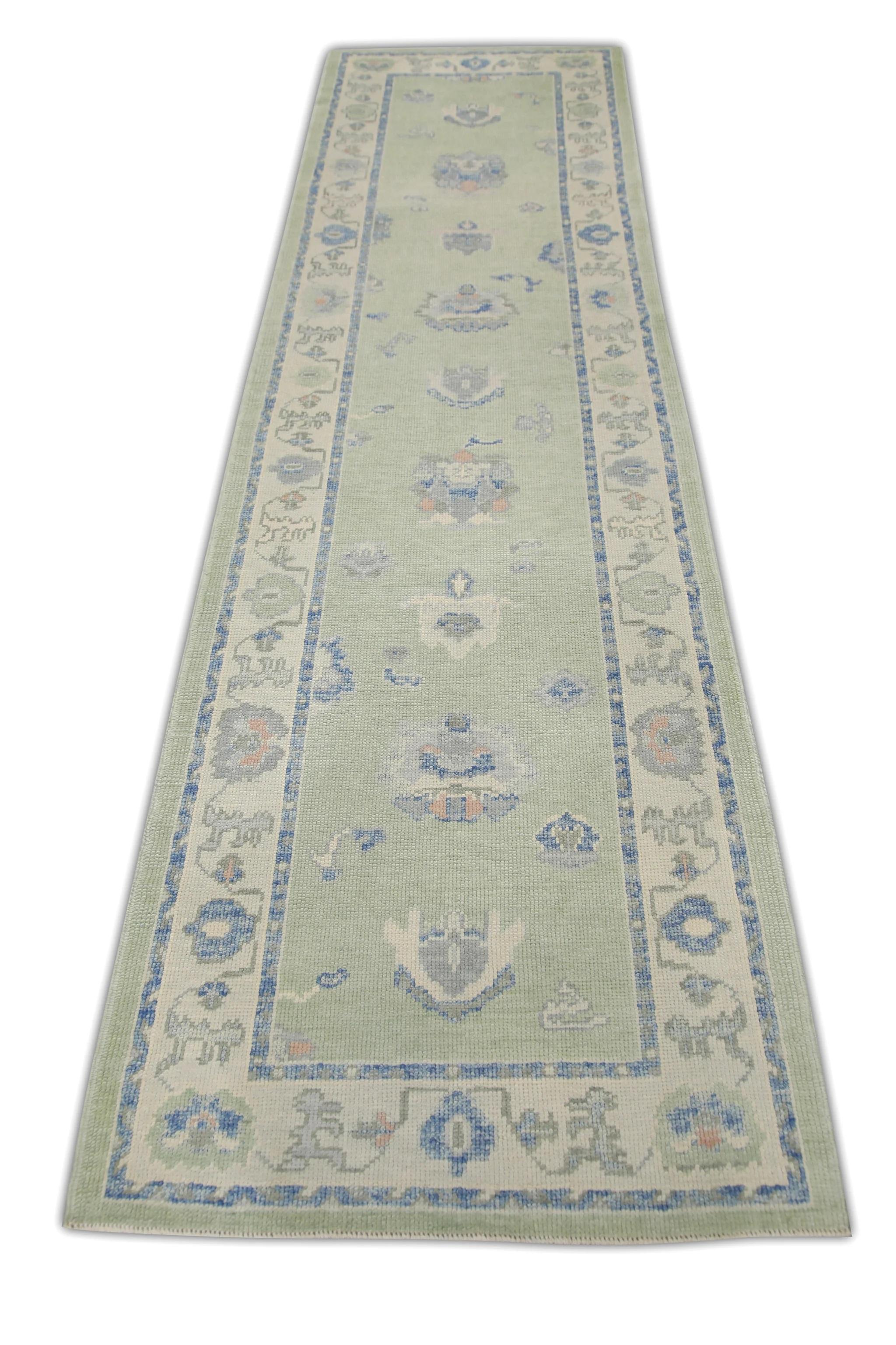 Turkish Oushak Runner Rug Green Blue Floral Handwoven Rug 3' x 10'5