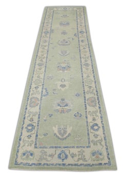 Turkish Oushak Runner Rug Green Blue Floral Handwoven Rug 3' x 10'5"