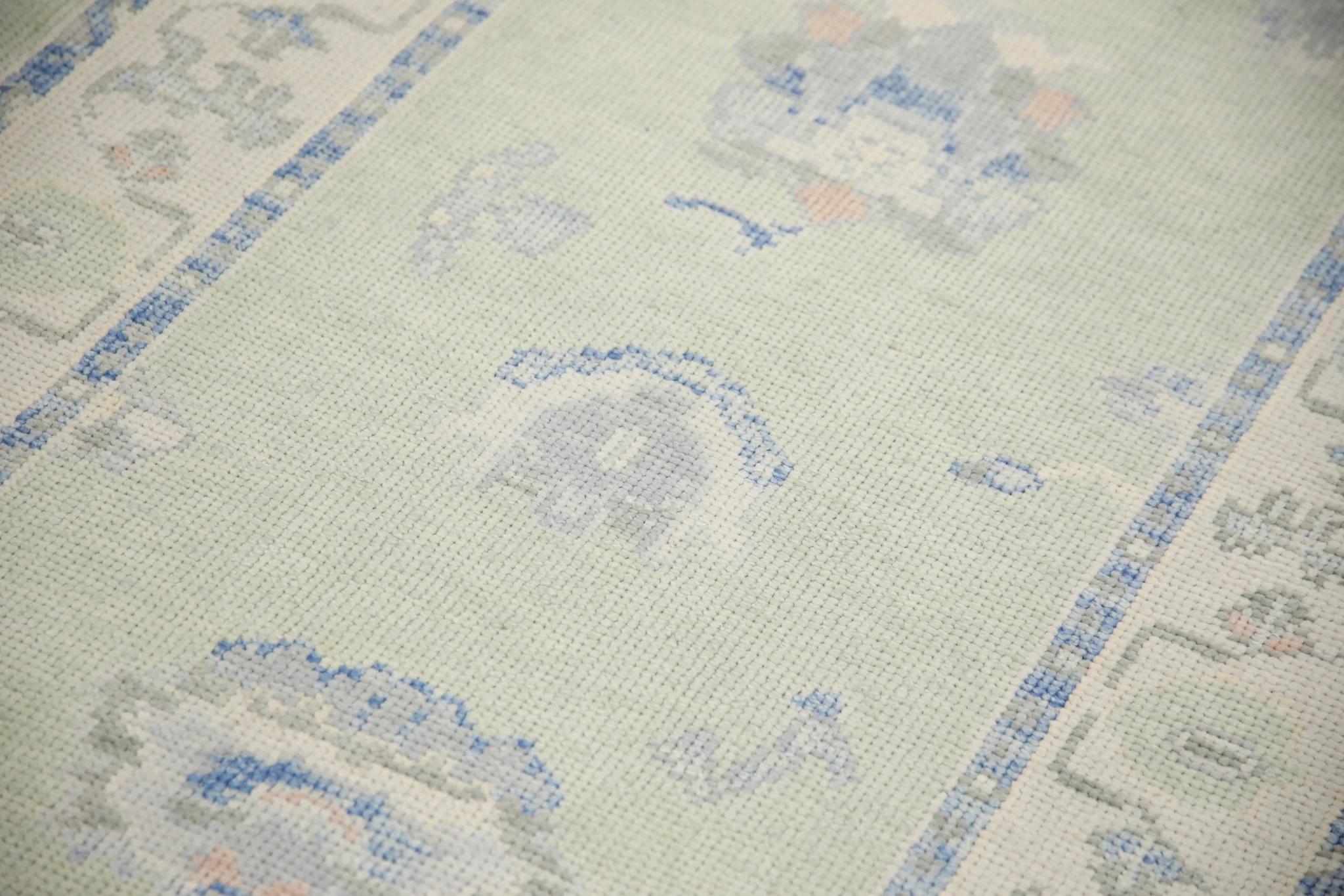 Modern Turkish Oushak Runner Rug Green Blue Floral Handwoven Rug 3' x 10'5