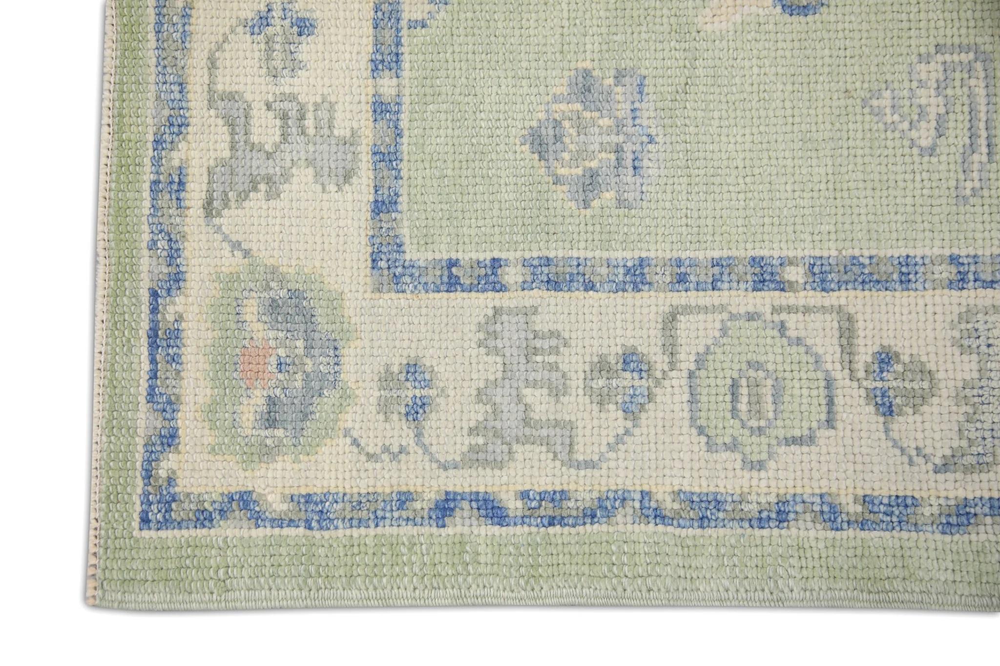 Vegetable Dyed Turkish Oushak Runner Rug Green Blue Floral Handwoven Rug 3' x 10'5