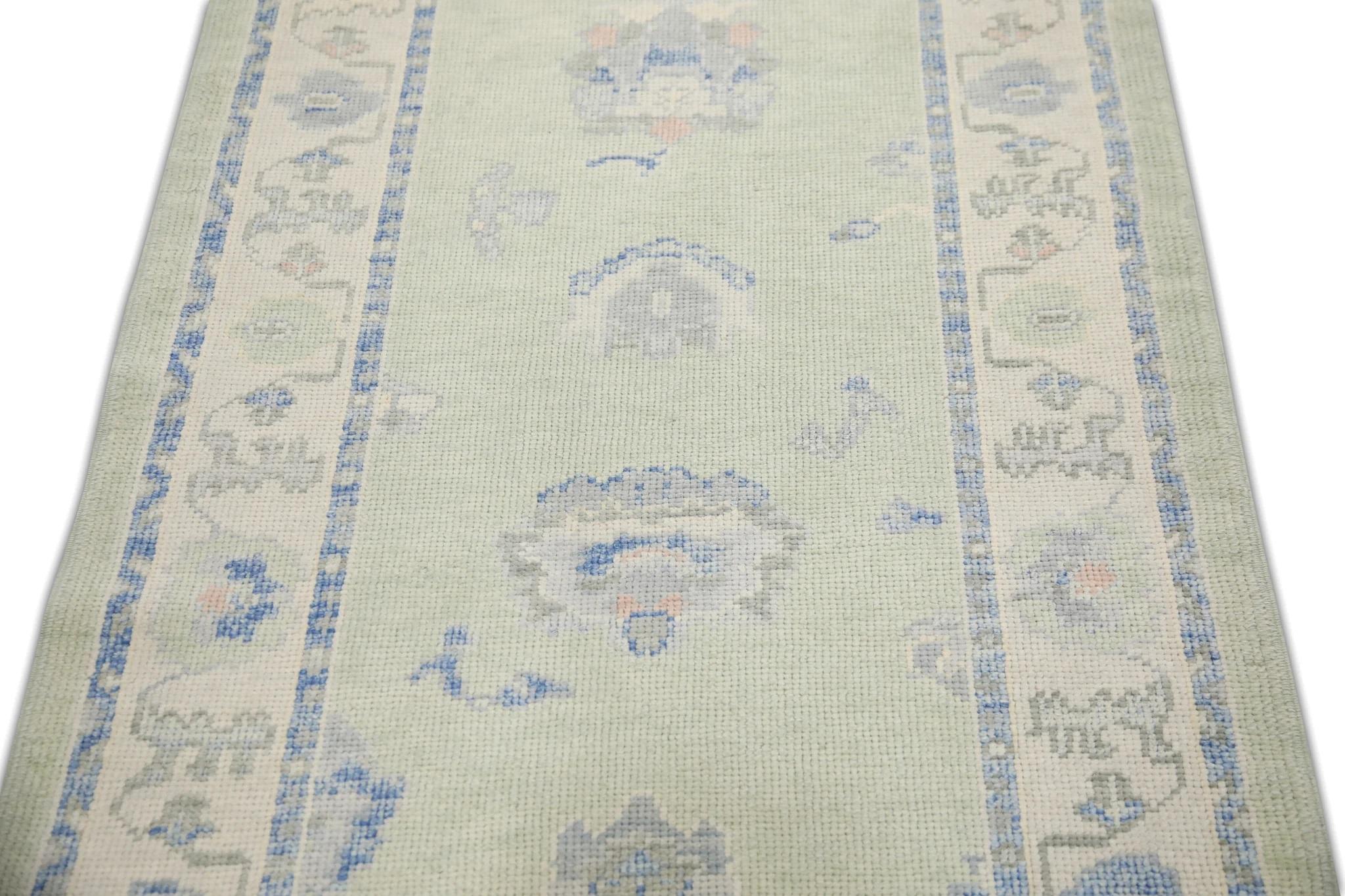 Contemporary Turkish Oushak Runner Rug Green Blue Floral Handwoven Rug 3' x 10'5
