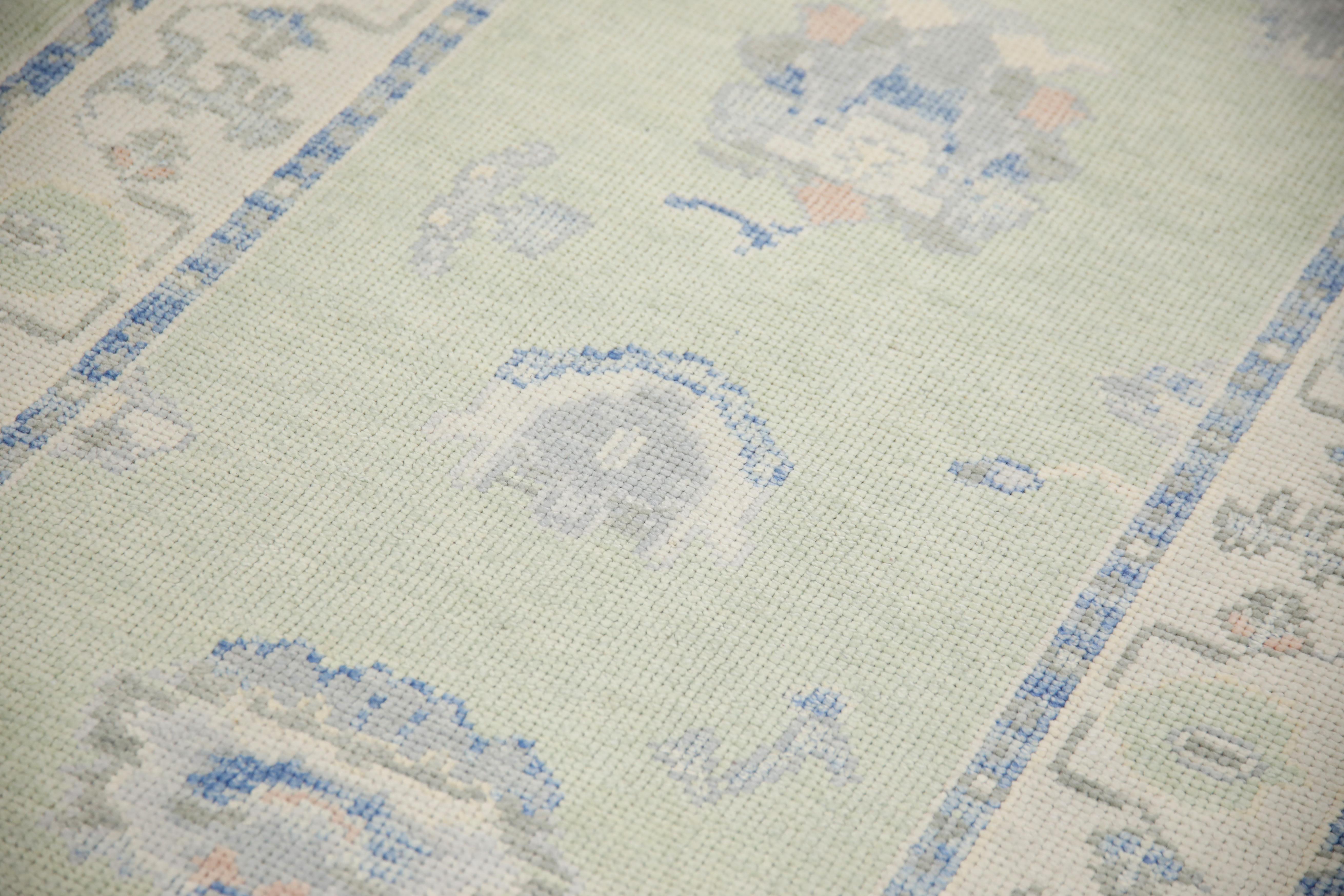 Turkish Oushak Runner Rug Green Blue Floral Handwoven Rug 3' x 10'5