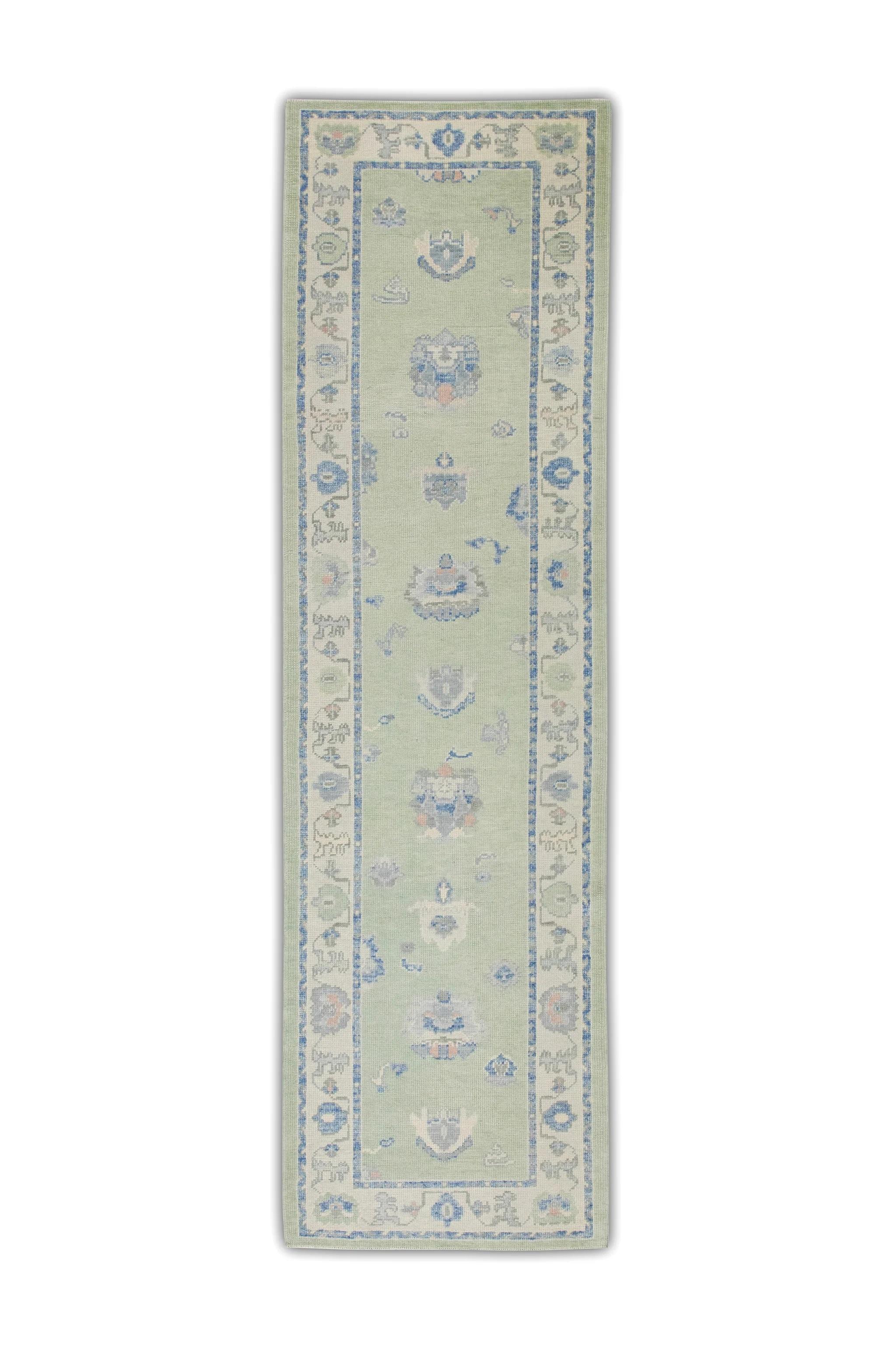 Turkish Oushak Runner Rug Green Blue Floral Handwoven Rug 3' x 10'5