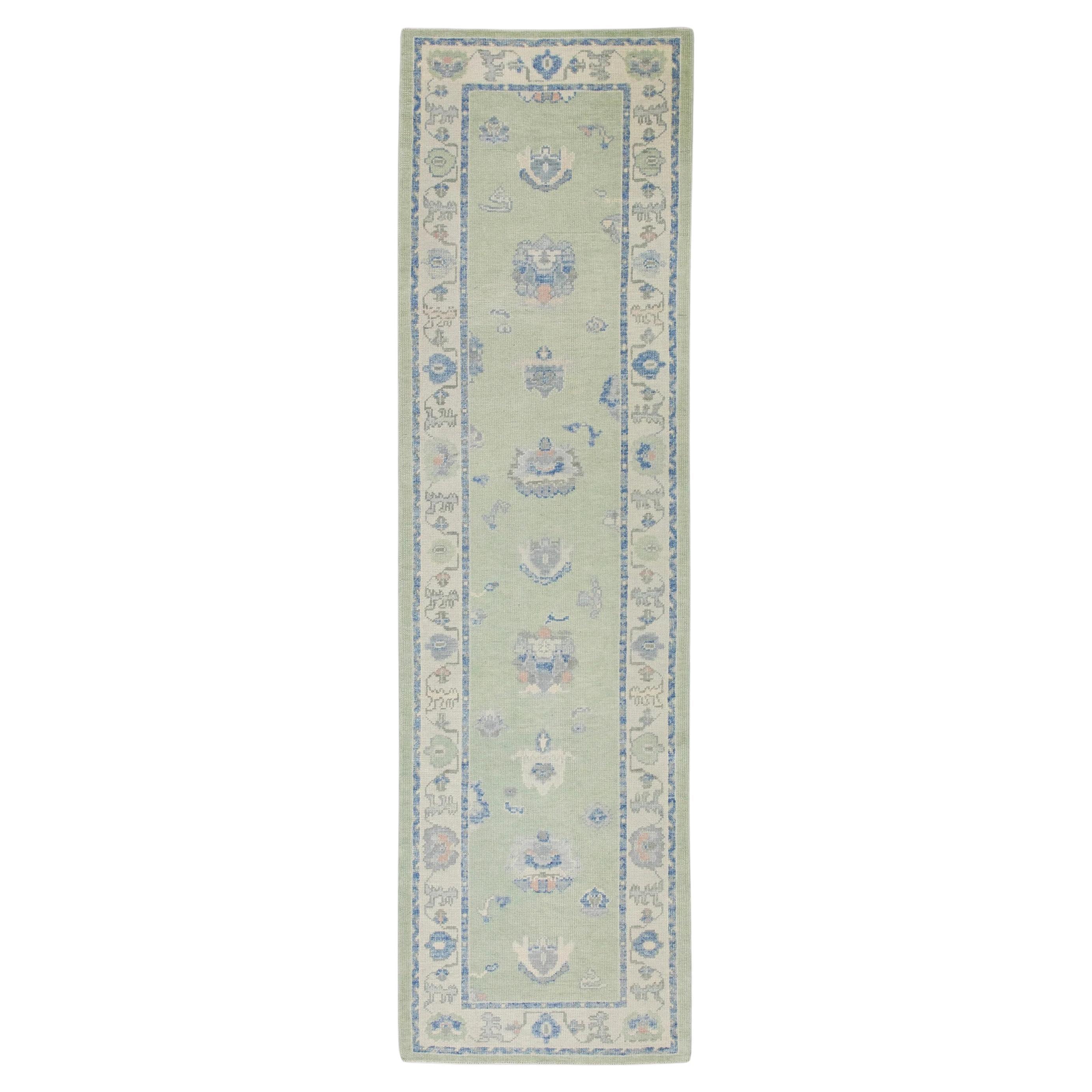 Turkish Oushak Runner Rug Green Blue Floral Handwoven Rug 3' x 10'5"