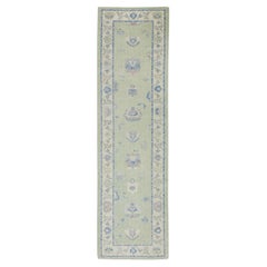 Turkish Oushak Runner Rug Green Blue Floral Handwoven Rug 3' x 10'5"