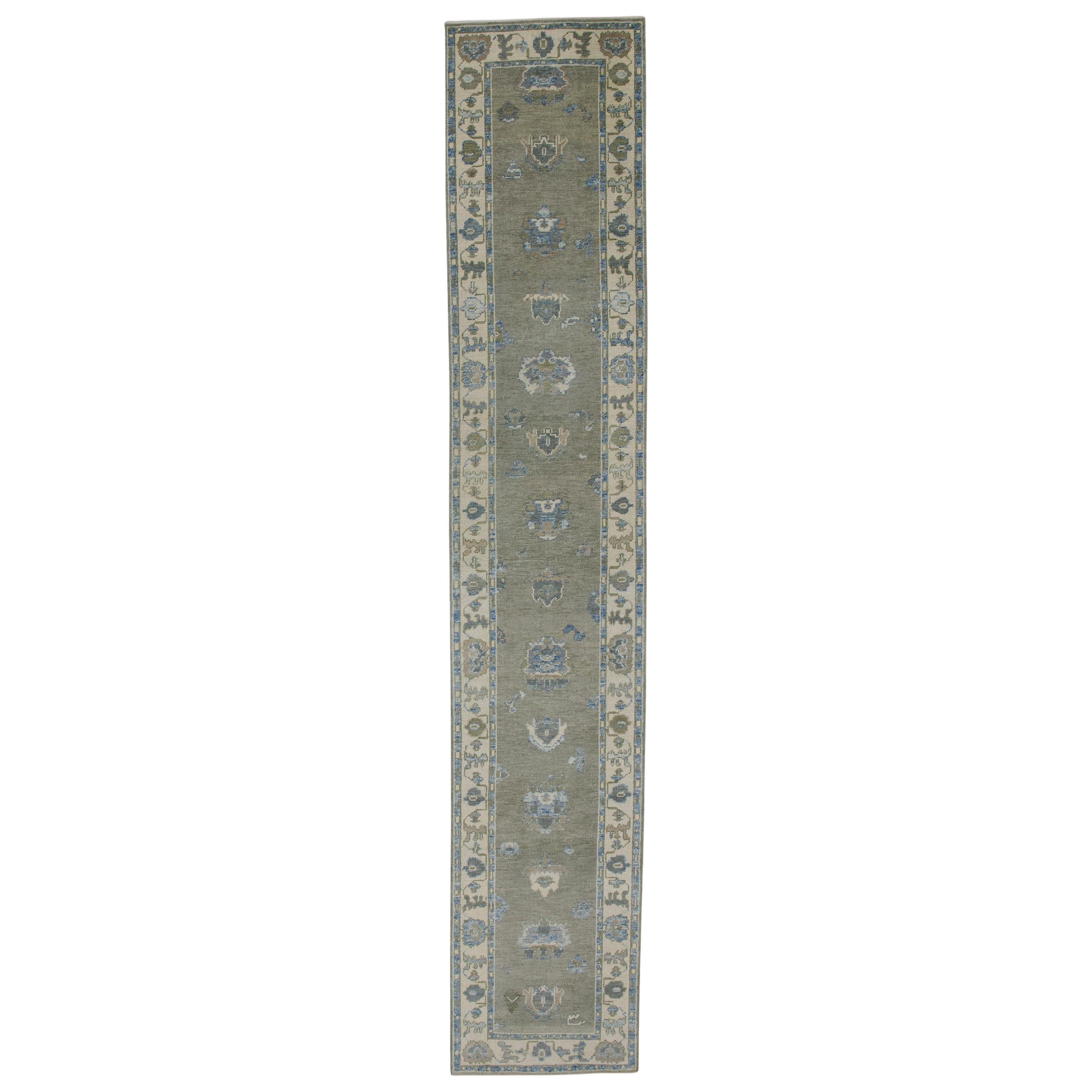 Tappeto turco Oushak Runner Rug Greene & Greene Floral Tessuto a mano 2'9" x 14'9"
