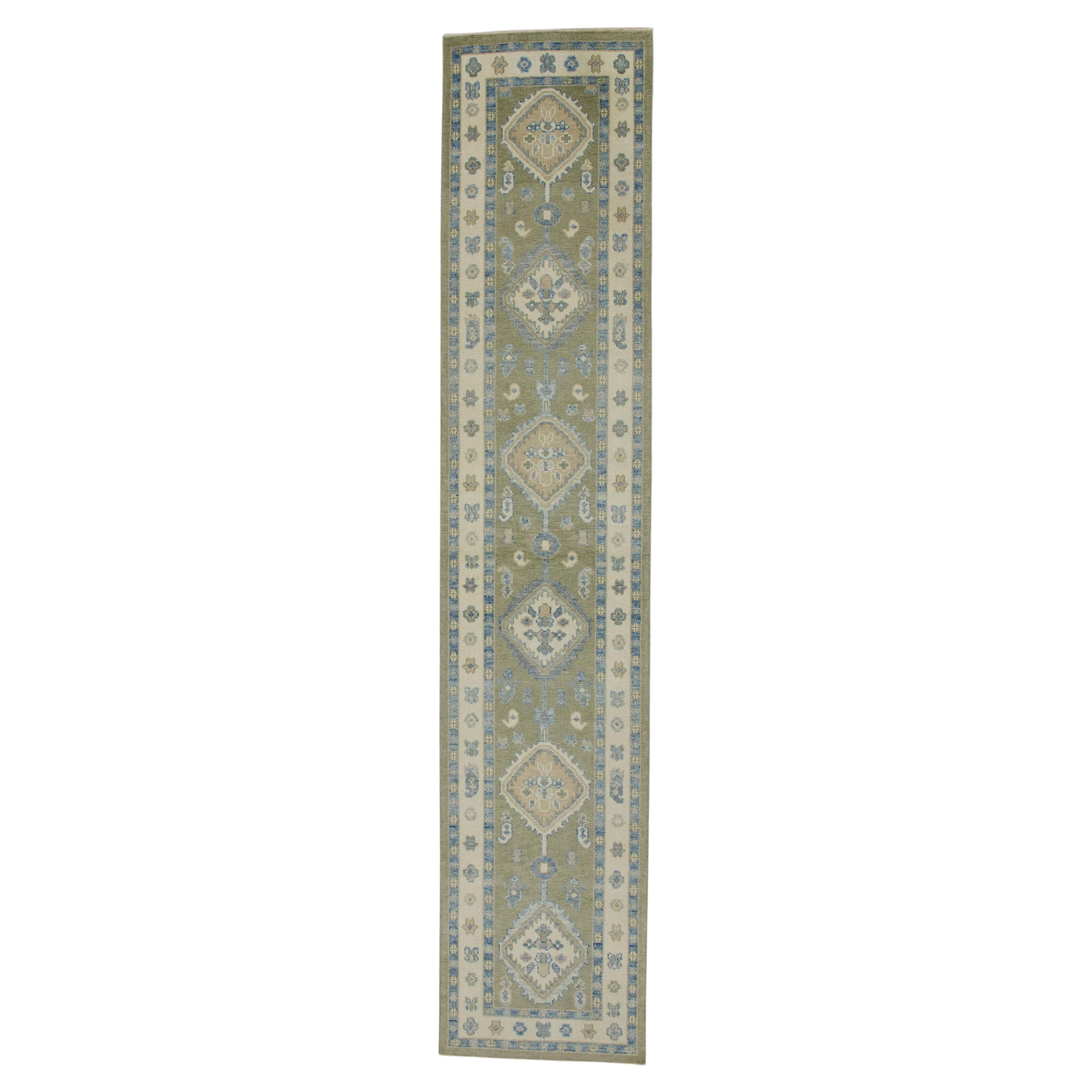 Turkish Oushak Runner Rug Green & Blue Handwoven Wool Rug 2'10" x 13'9"