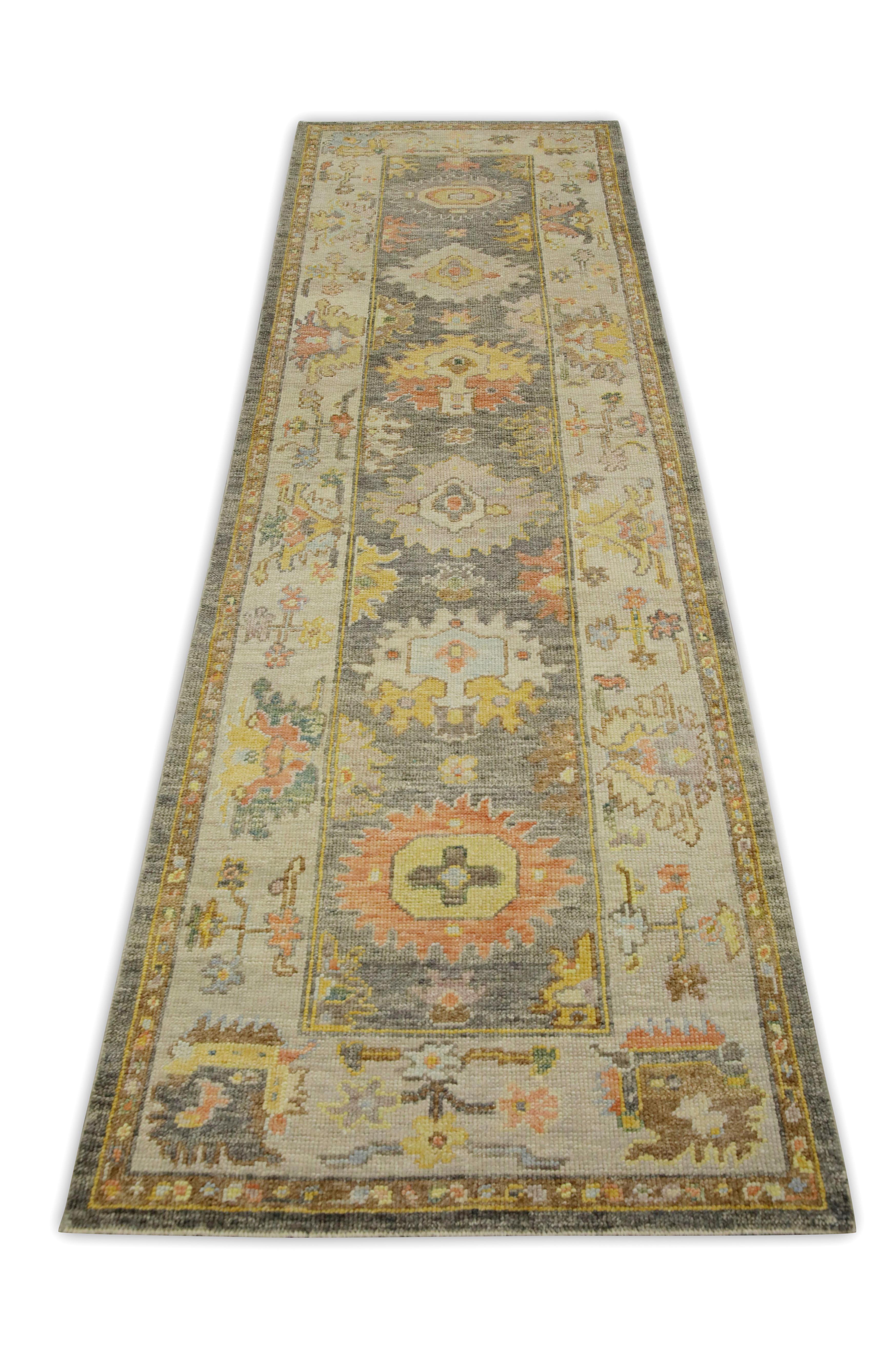 Türkische Oushak Läufer Teppich Handwoven Grau Multicolor Wolle 3'1