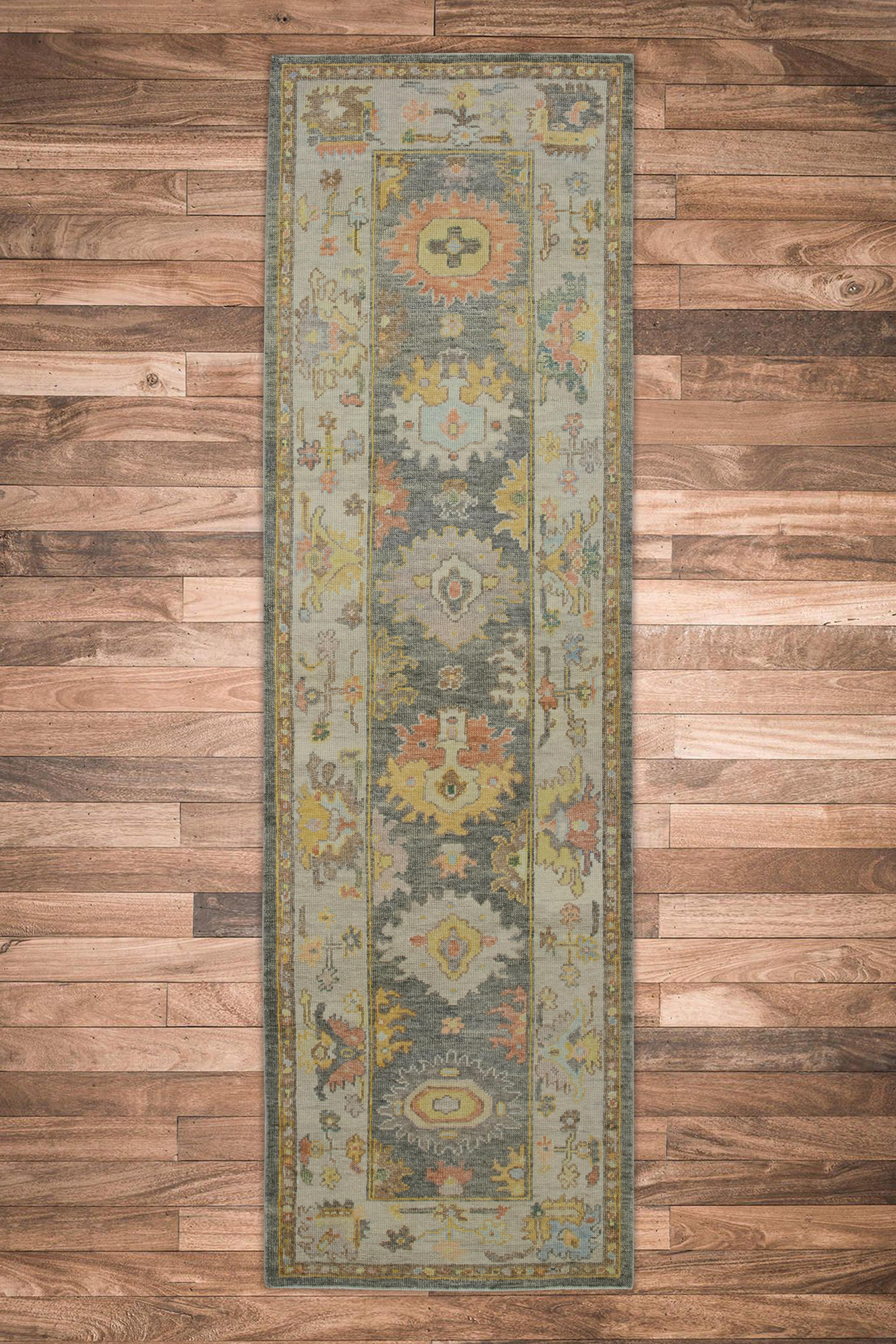 Türkische Oushak Läufer Teppich Handwoven Grau Multicolor Wolle 3'1