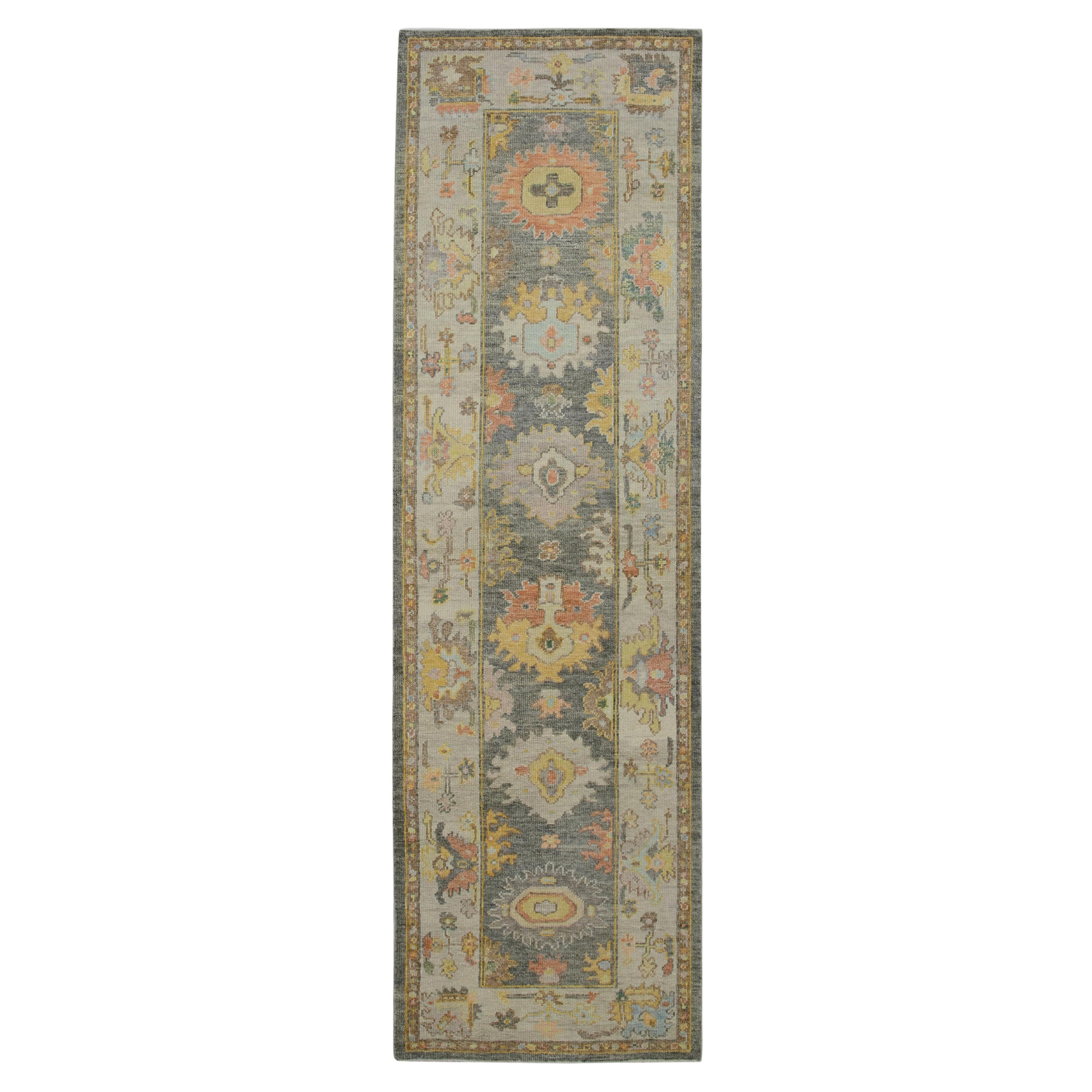 Turkish Oushak Runner Rug Handwoven Gray Multicolor Wool 3'1" x 10'6"