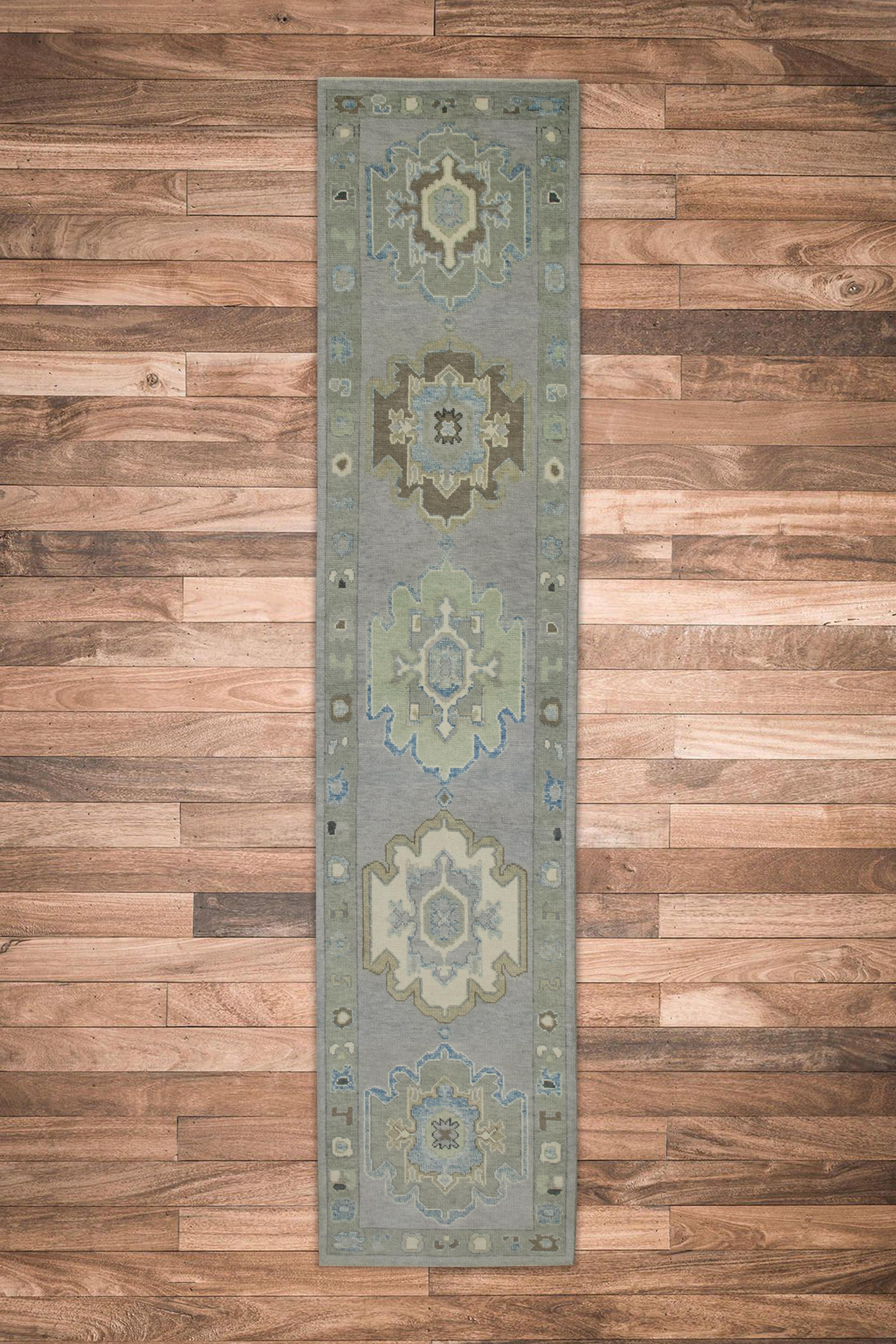 Türkischer Oushak Läufer Teppich Handgewebte Wolle Grau & Brown 2'9