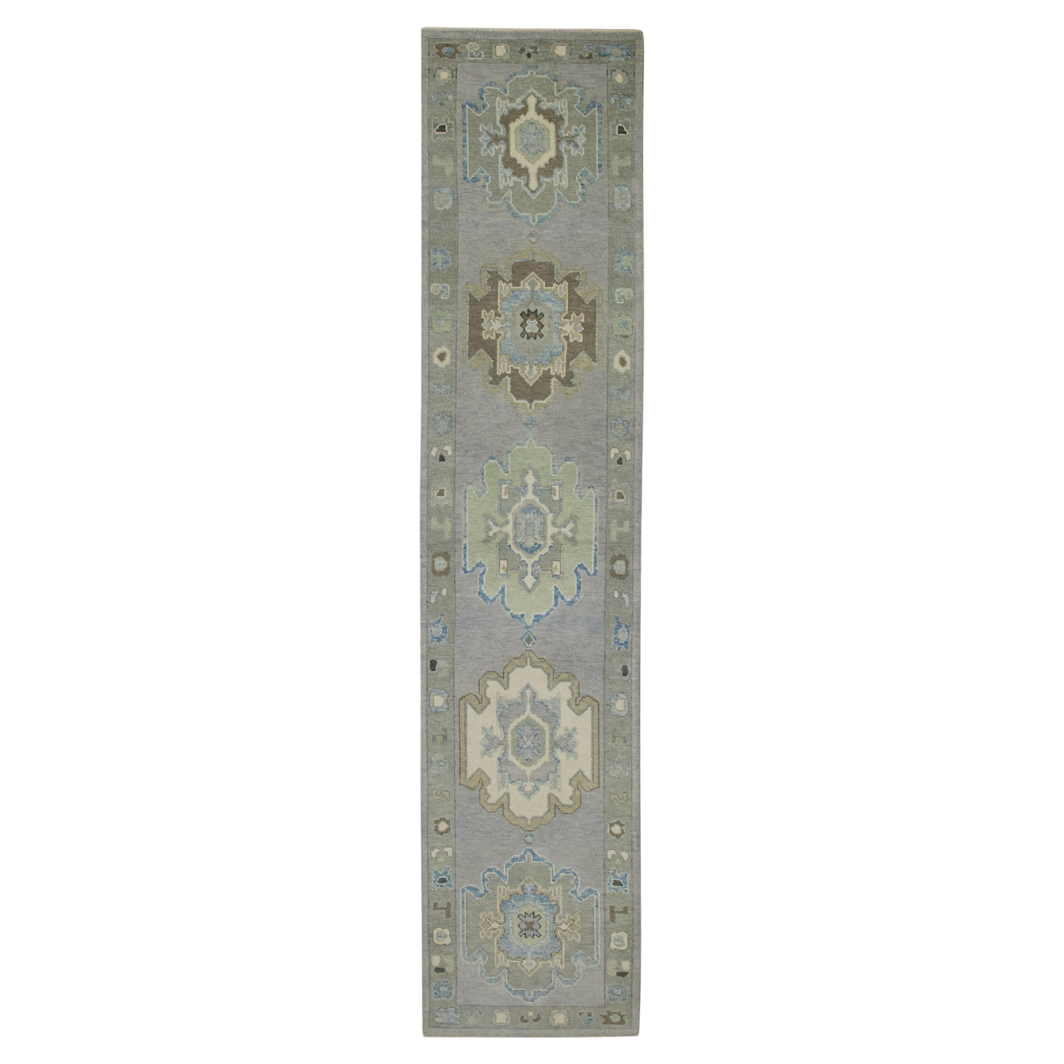 Alfombra Turca Oushak de Lana Tejida a Mano Gris y Marrón 2'9" x 12'10