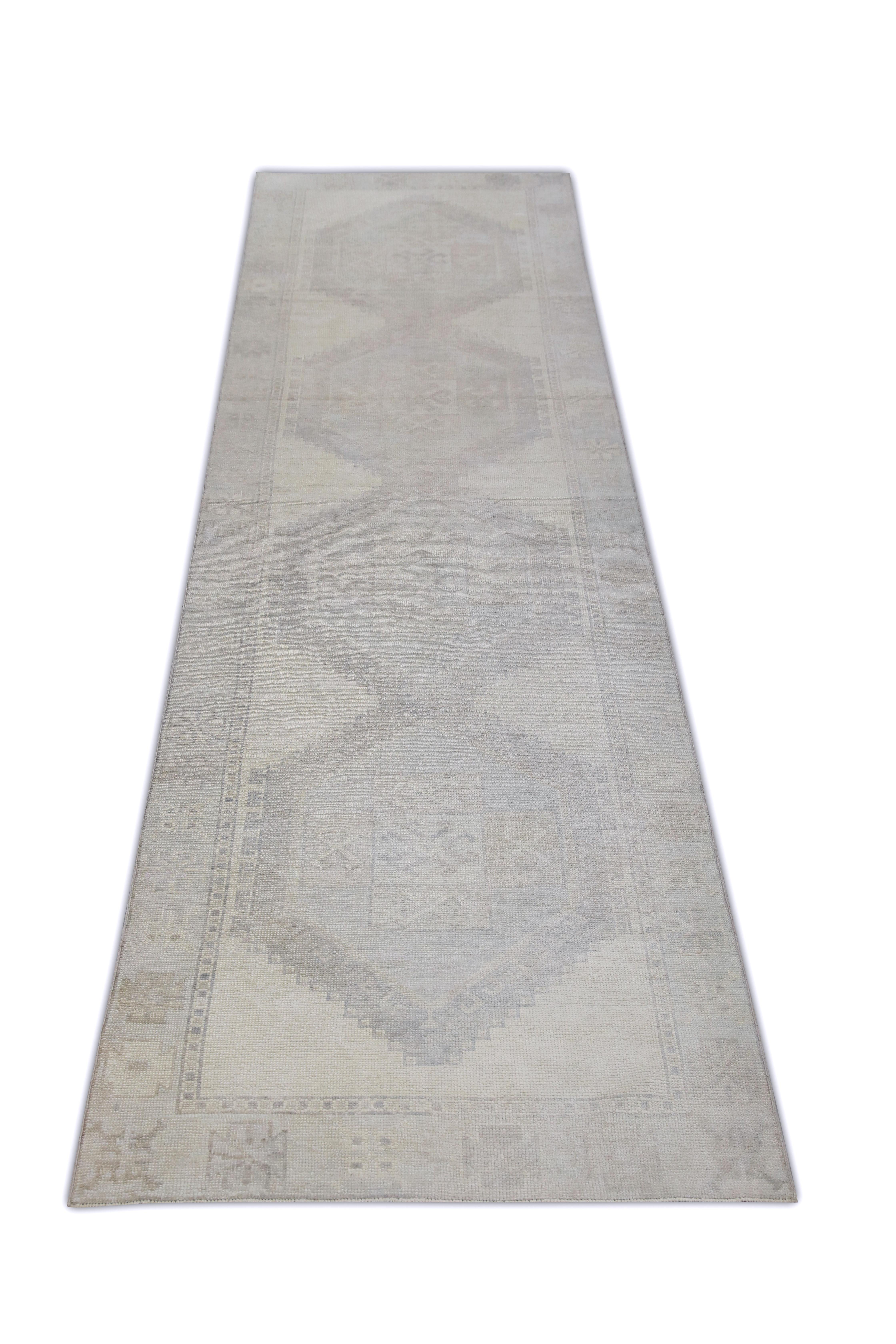 Türkischer Oushak Läufer Teppich Elfenbein & Beige Handgewebte Wolle 4' x 14'7