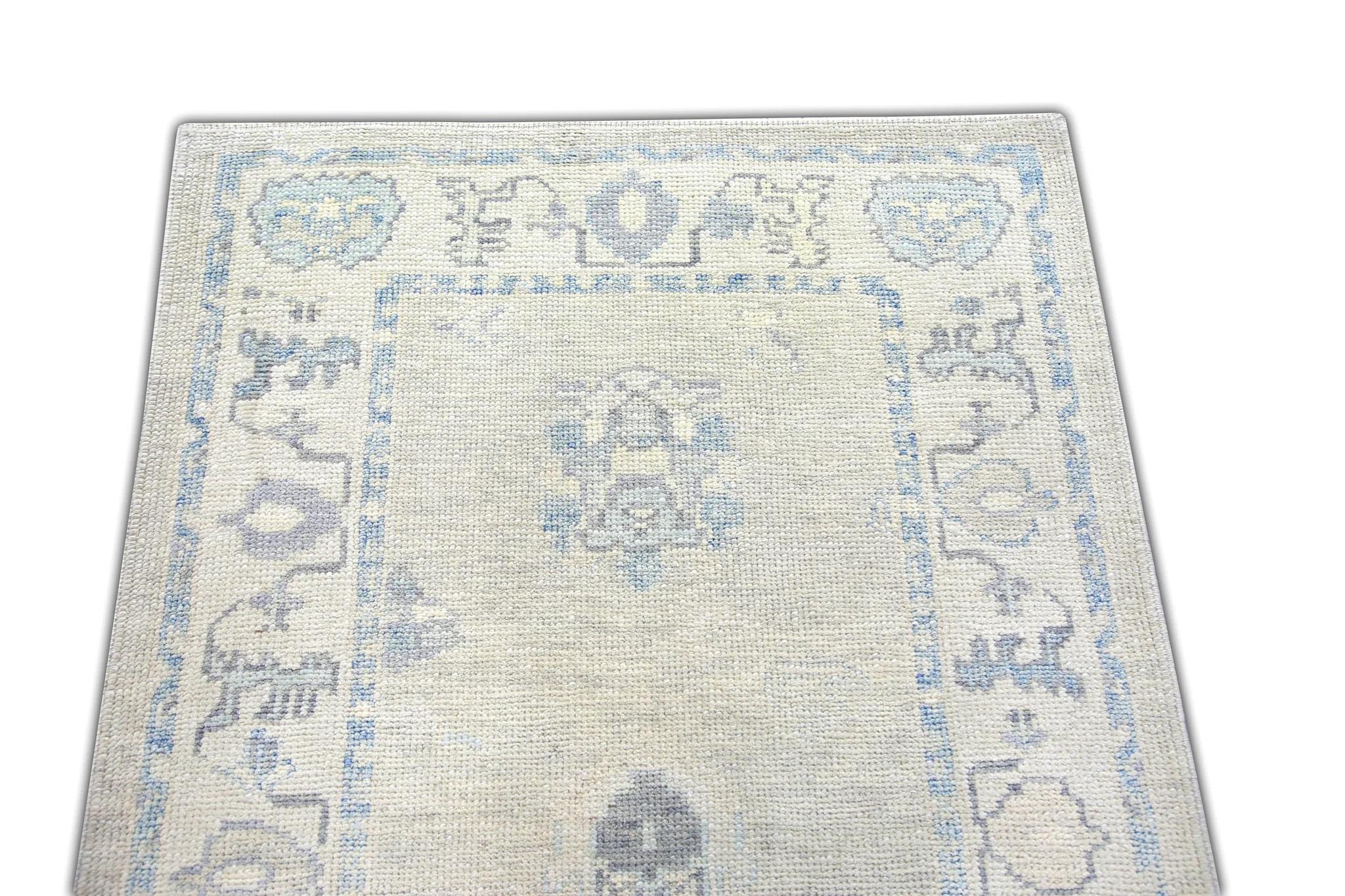 Teinture végétale Tapis de course turc Oushak Bleu ivoire Tapis de laine tissé à la main 3'2
