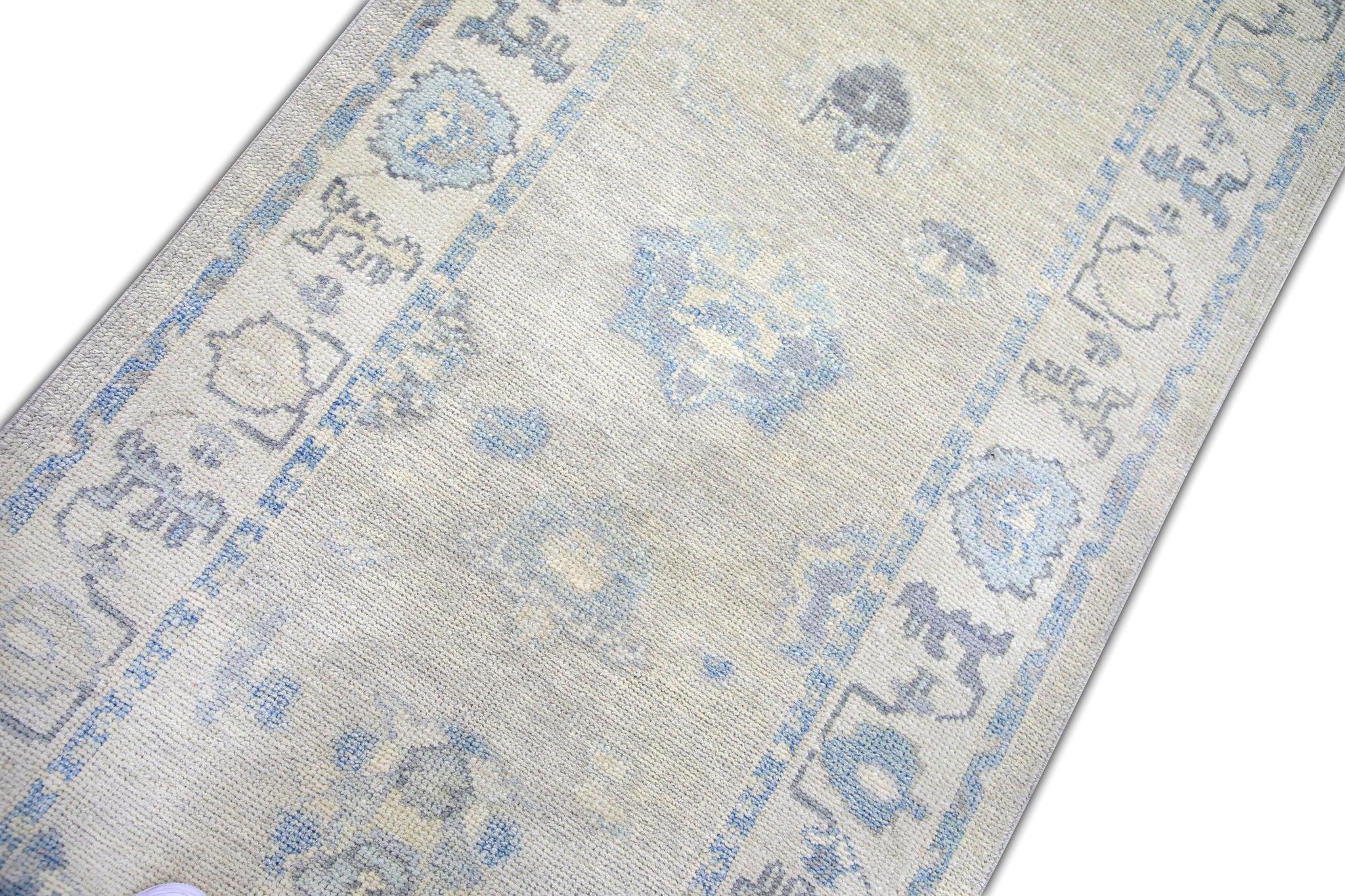Tapis de course turc Oushak Bleu ivoire Tapis de laine tissé à la main 3'2