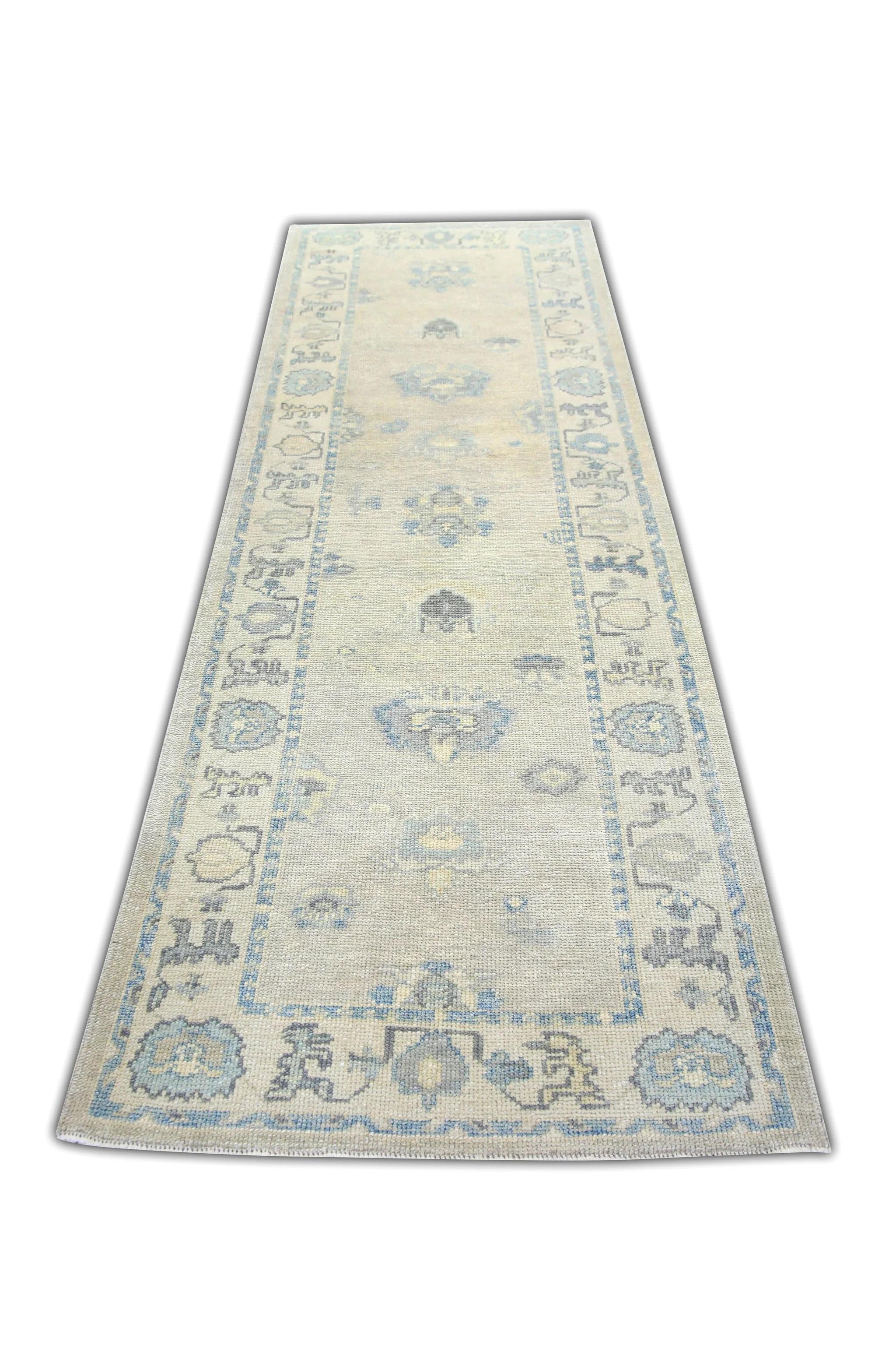 XXIe siècle et contemporain Tapis de course turc Oushak Bleu ivoire Tapis de laine tissé à la main 3'2