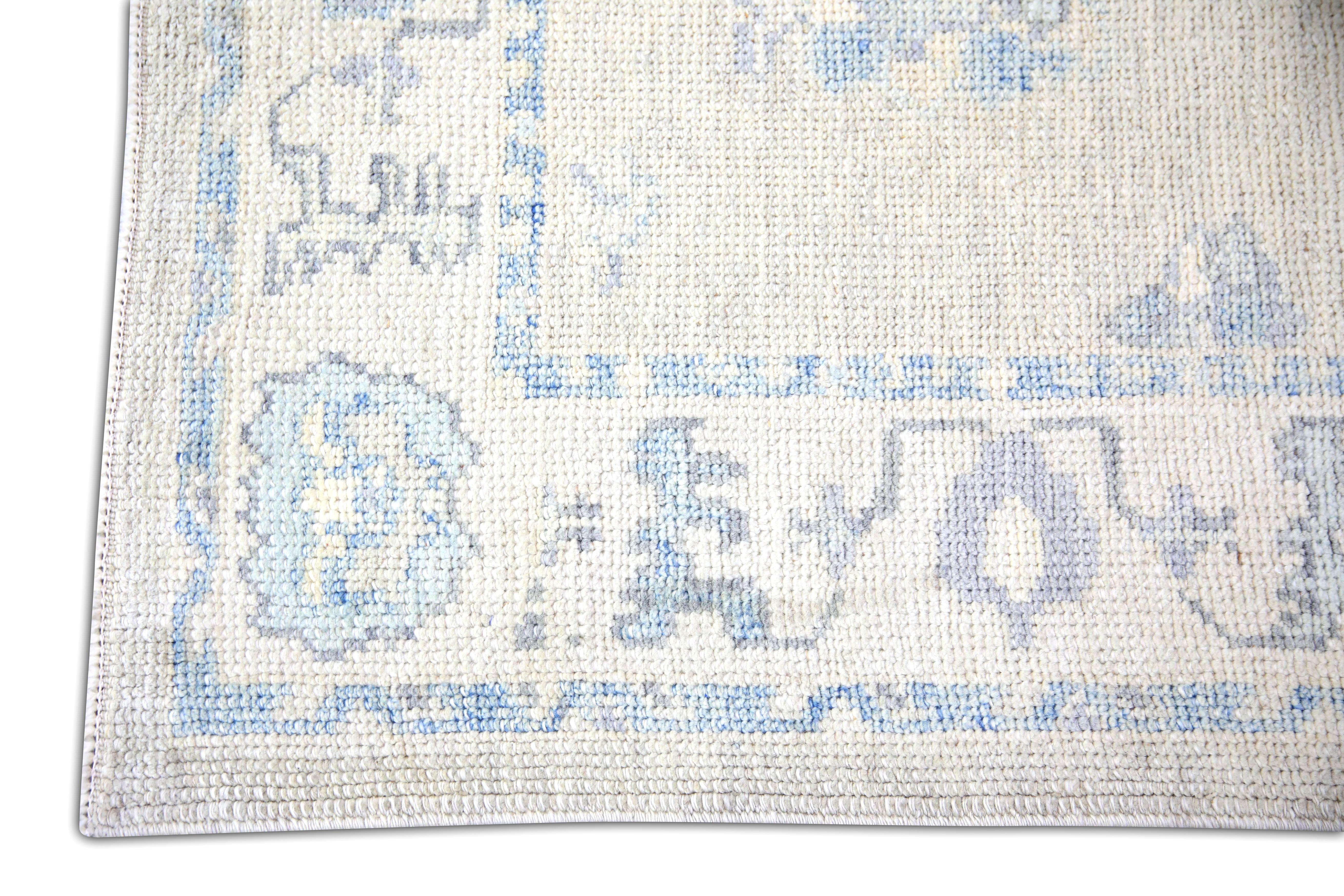 Tapis de course turc Oushak Bleu ivoire Tapis de laine tissé à la main 3'2