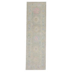 Türkischer Oushak Läufer Teppich Elfenbein Rose & Blau Handgewebter Wollteppich 3'2" x 10'4"