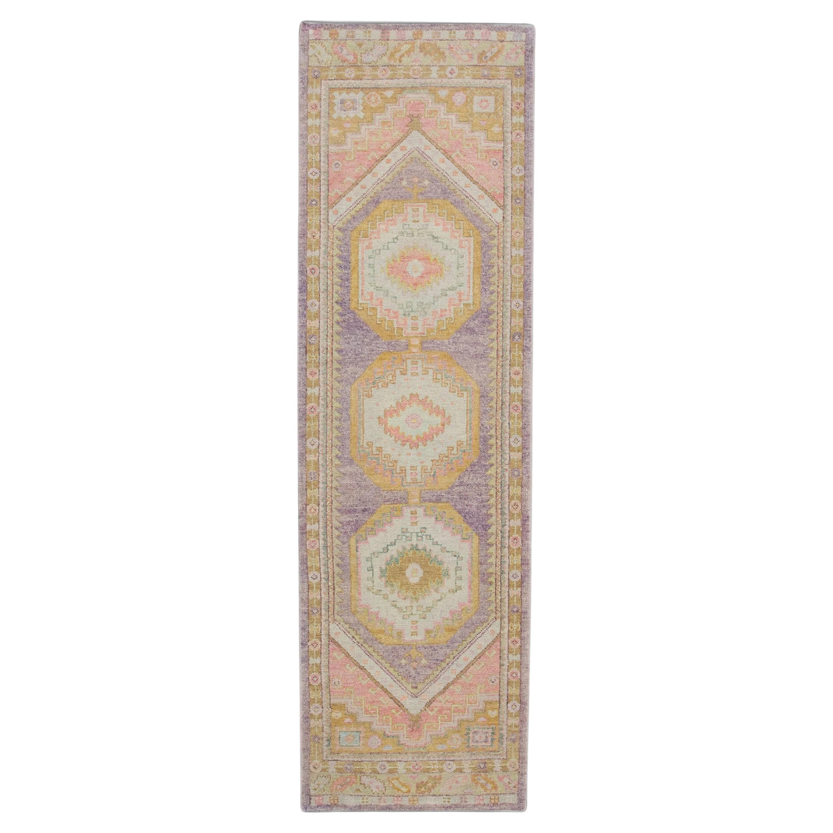 Türkischer Oushak Läufer Teppich Lila, Pfirsich & Gold Handgewebter Wollteppich 3' x 10'3"