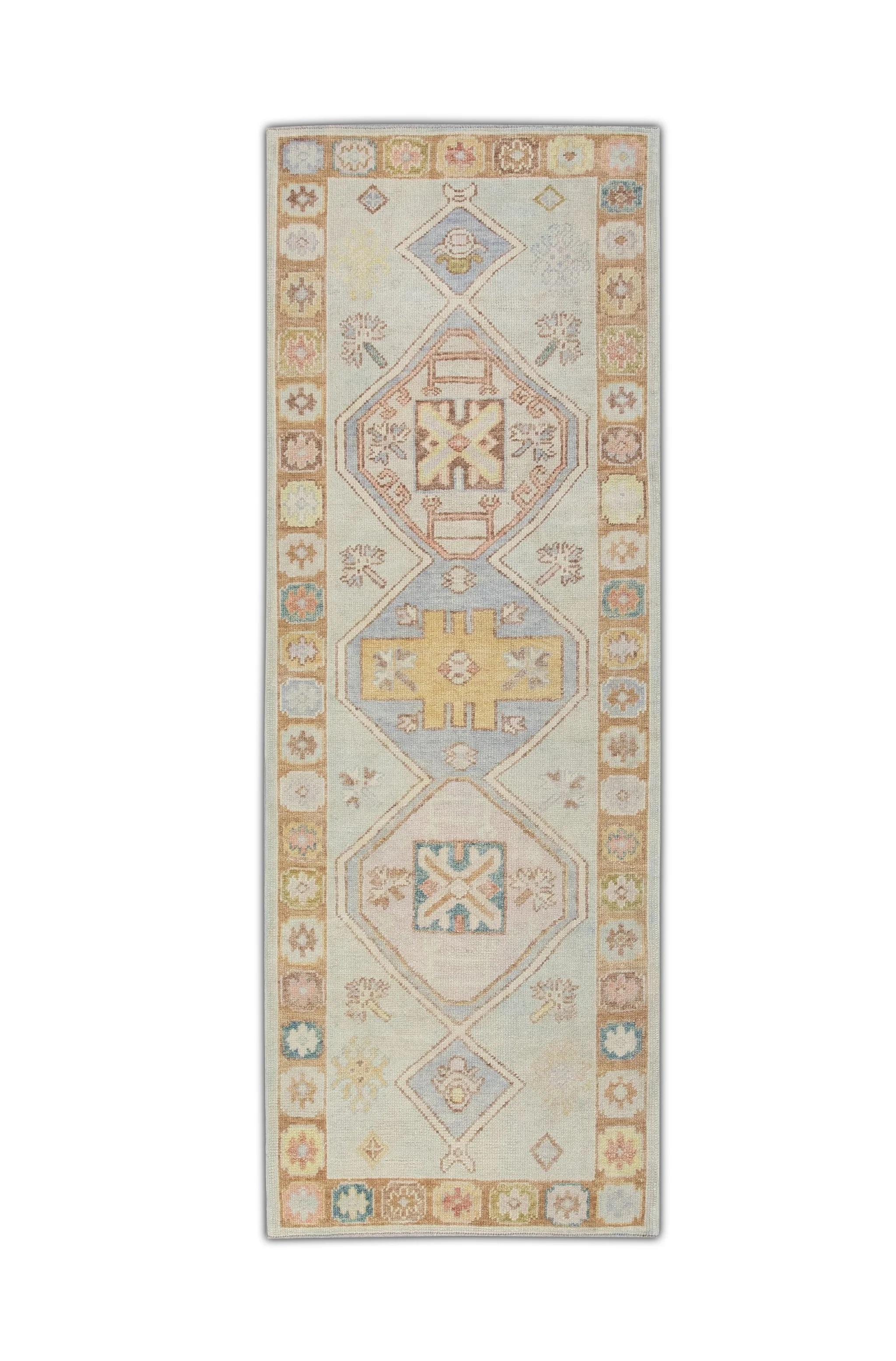 Tapis de course turc Oushak Bleu pêche et jaune Tapis de laine tissé à la main 3'1