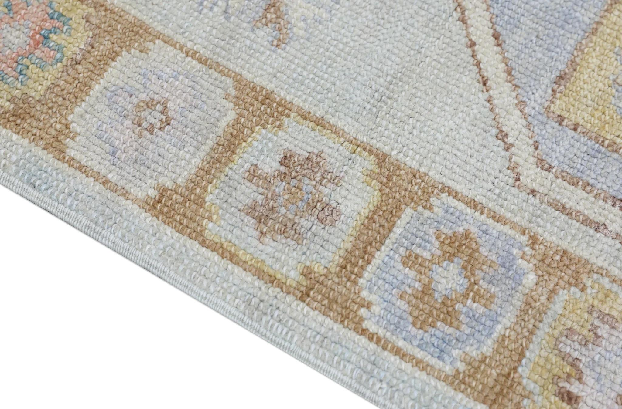 Turc Tapis de course turc Oushak Bleu pêche et jaune Tapis de laine tissé à la main 3'1