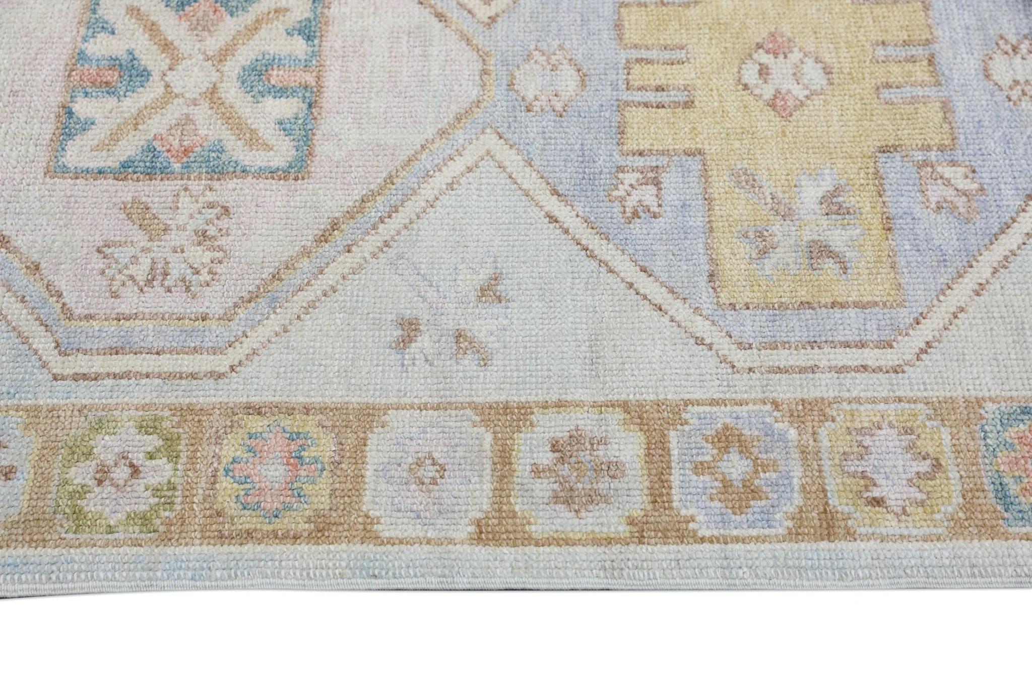 Teinture végétale Tapis de course turc Oushak Bleu pêche et jaune Tapis de laine tissé à la main 3'1
