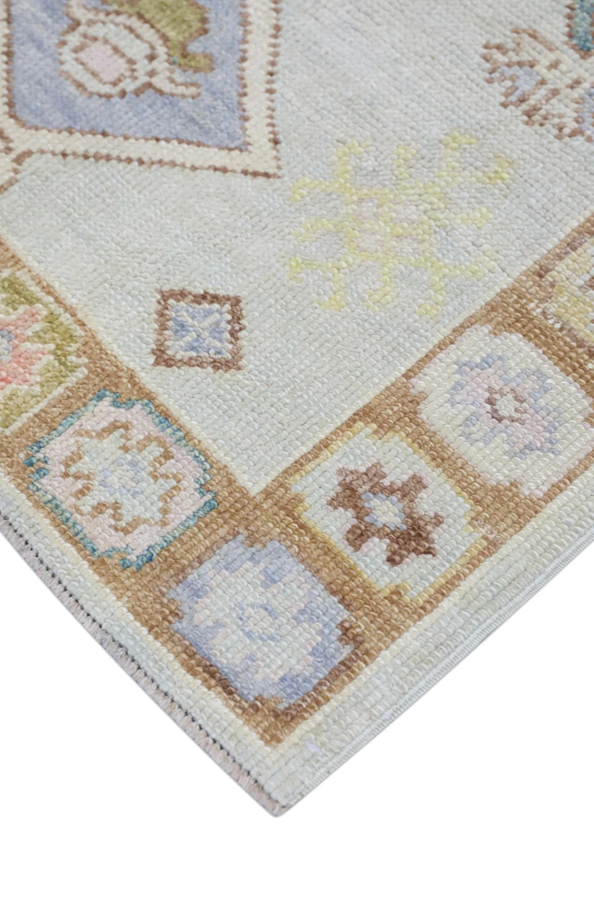 XXIe siècle et contemporain Tapis de course turc Oushak Bleu pêche et jaune Tapis de laine tissé à la main 3'1