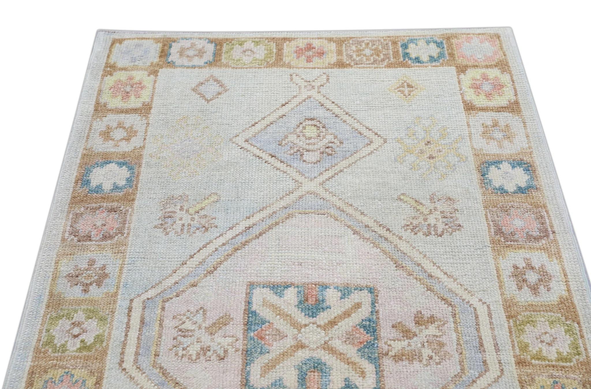 Laine Tapis de course turc Oushak Bleu pêche et jaune Tapis de laine tissé à la main 3'1
