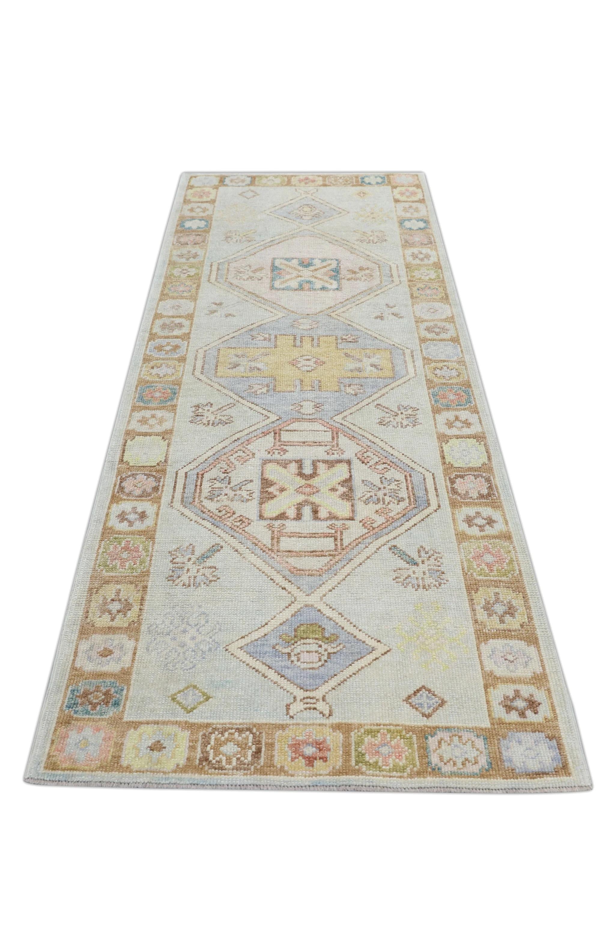 Tapis de course turc Oushak Bleu pêche et jaune Tapis de laine tissé à la main 3'1