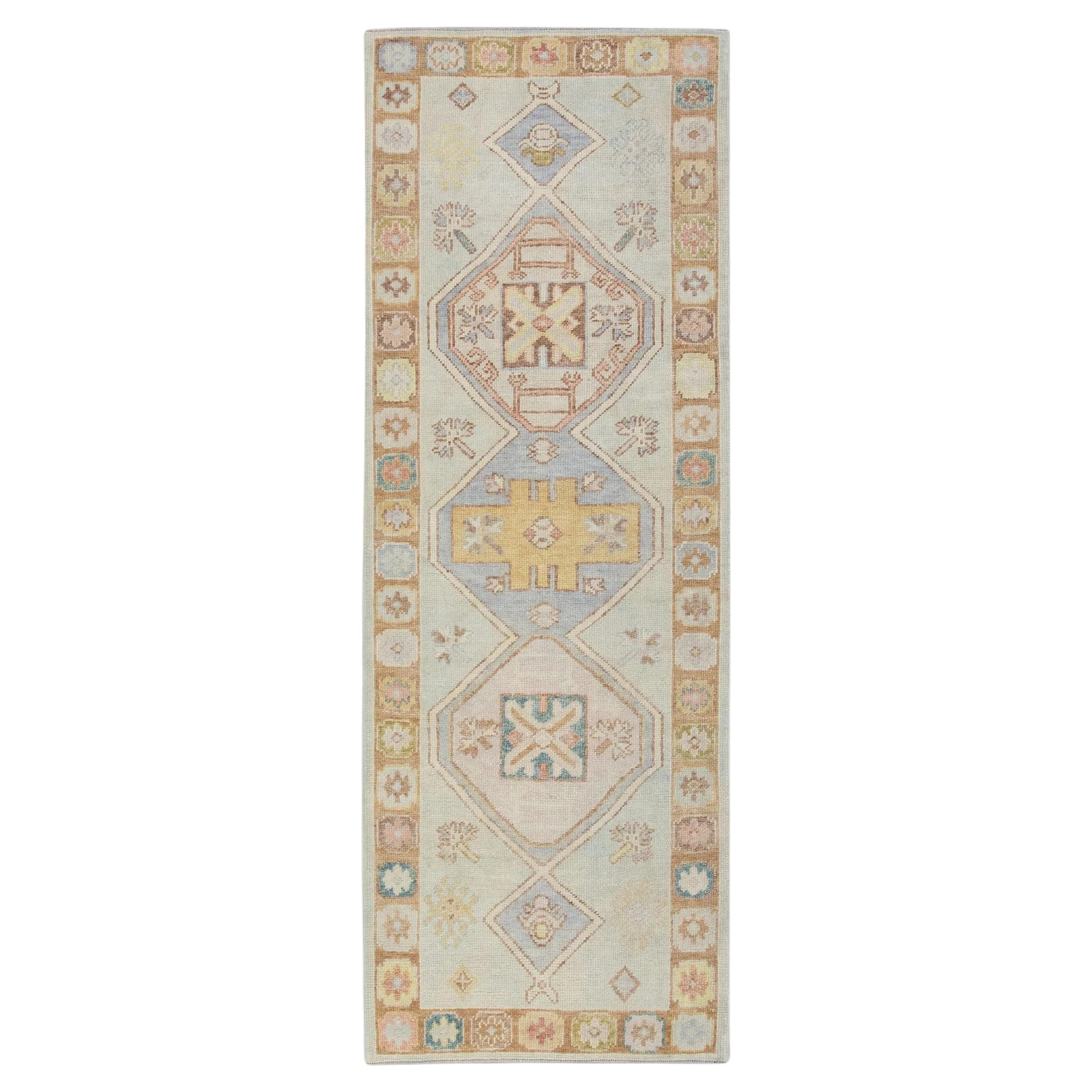 Turkish Oushak Runner Rug Peach Blue & Yellow Handwoven Wool Rug 3'1" x 8'5"