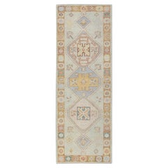 Turkish Oushak Runner Rug Peach Blue & Yellow Handwoven Wool Rug 3'1" x 8'5"