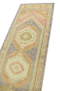 Turkish Oushak Runner Rug Pink & Multicolor Handwoven Wool Rug 2'11" x 12'5"