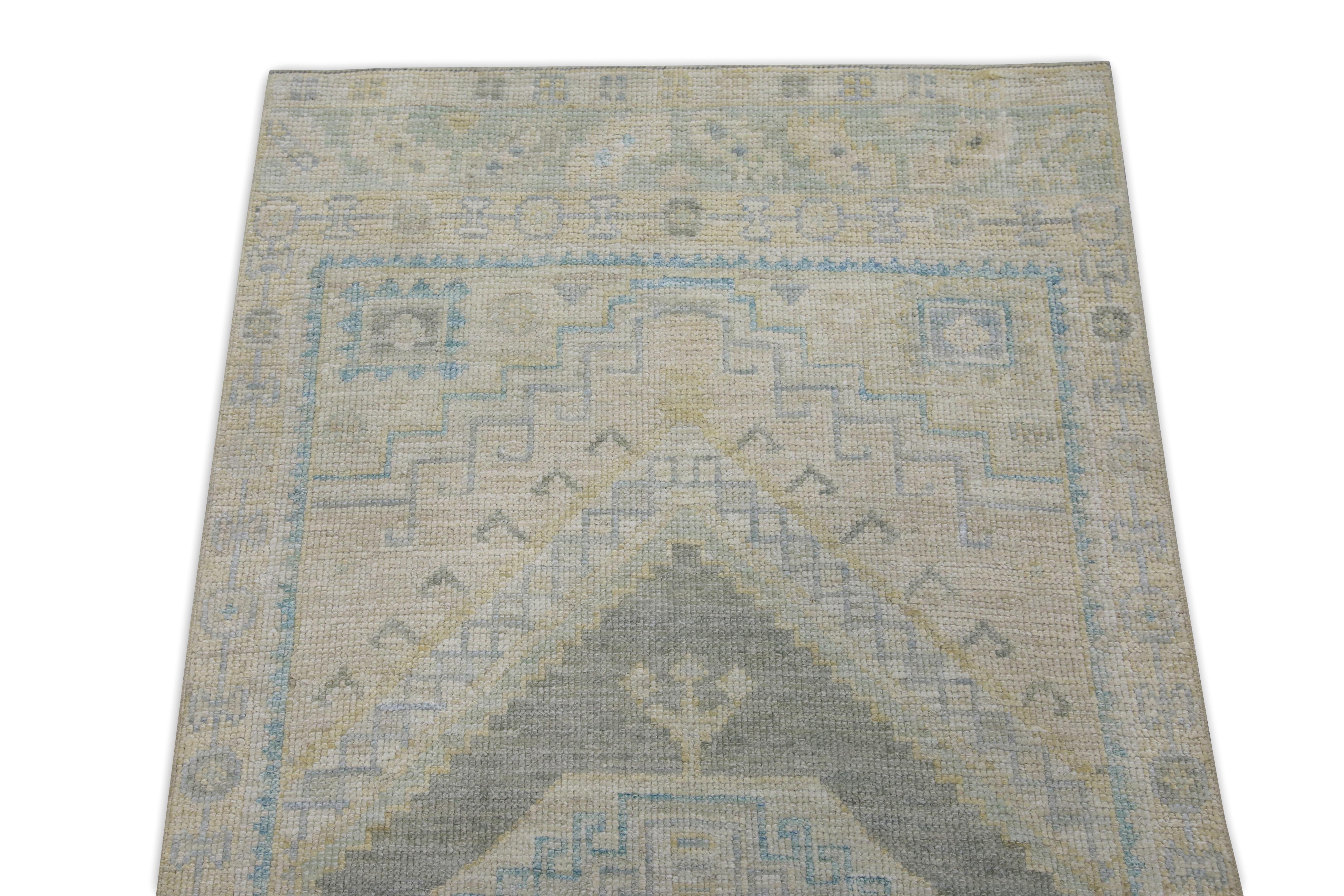 Turkish Oushak Runner Rug Sage, Aqua & Beige Handwoven Wool Rug 2'9