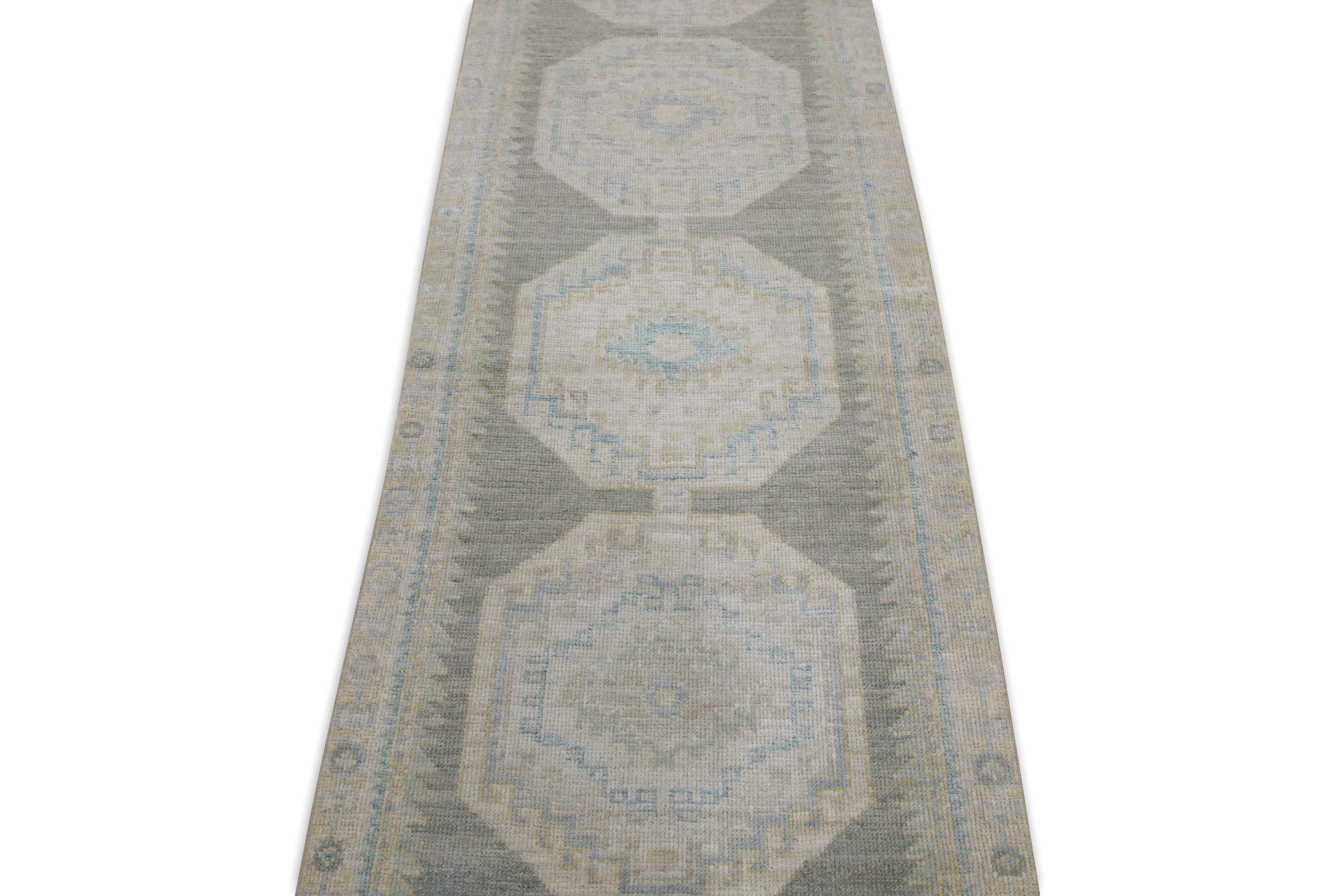 Contemporary Turkish Oushak Runner Rug Sage, Aqua & Beige Handwoven Wool Rug 2'9