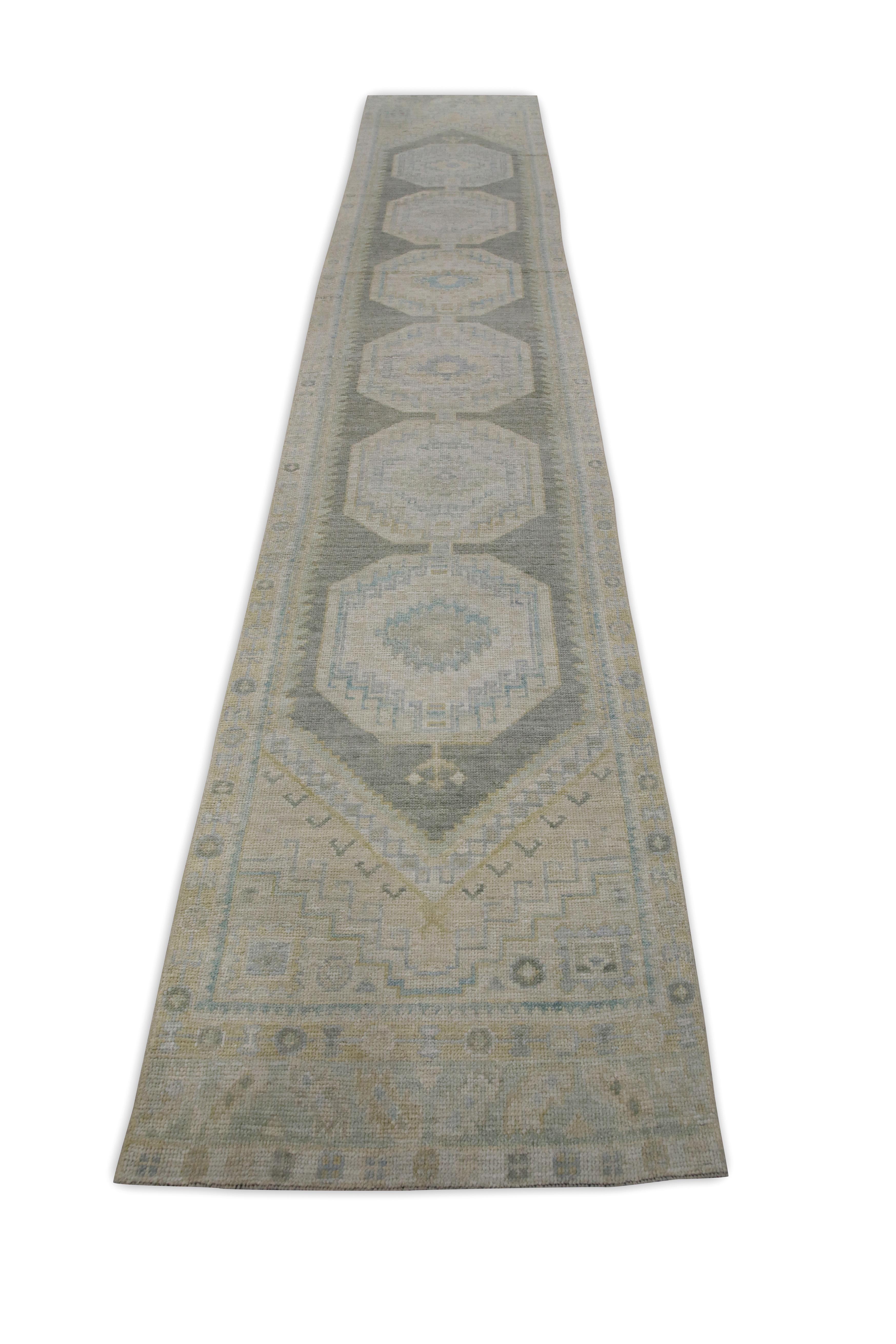 Turkish Oushak Runner Rug Sage, Aqua & Beige Handwoven Wool Rug 2'9