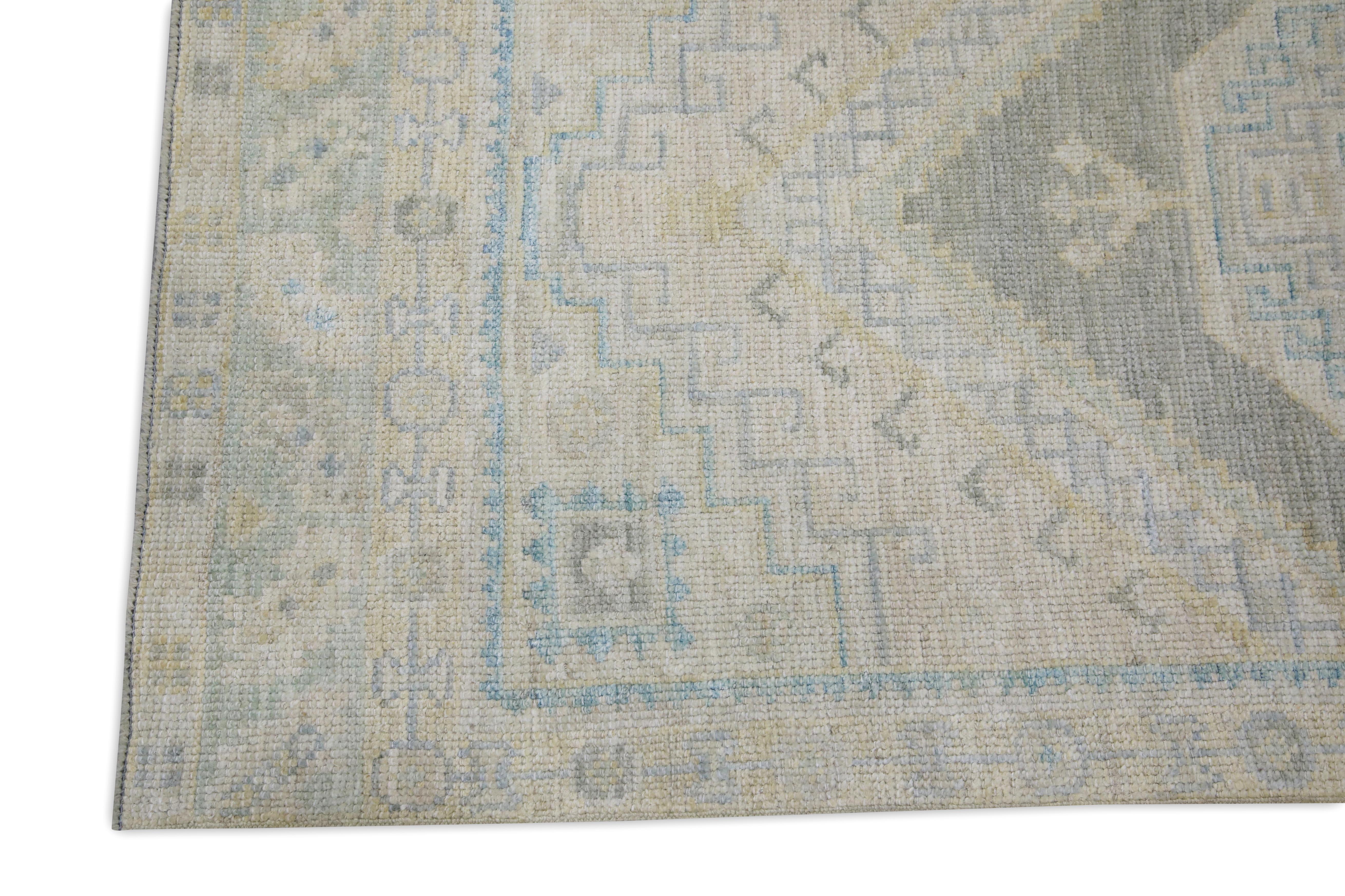 Turkish Oushak Runner Rug Sage, Aqua & Beige Handwoven Wool Rug 2'9