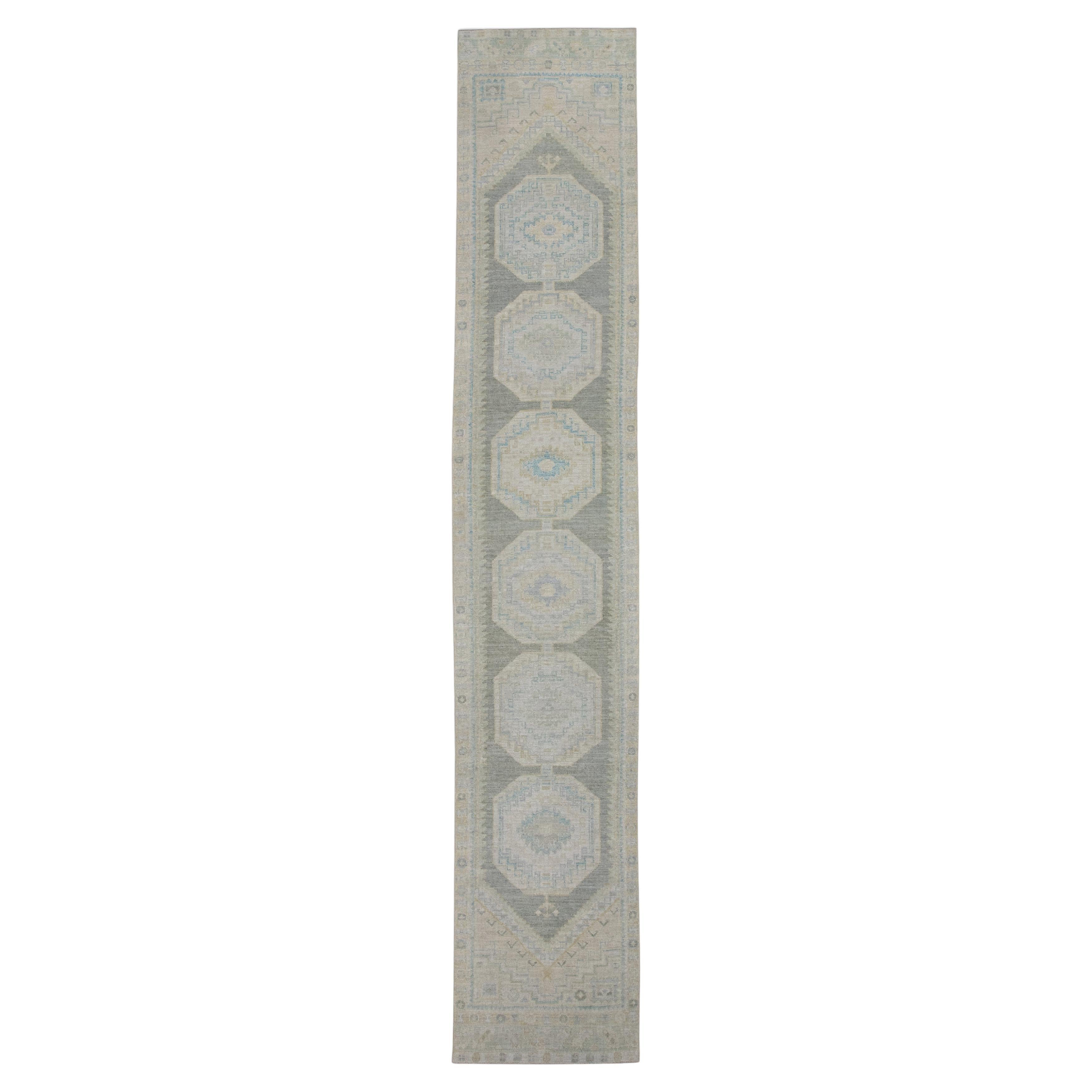 Turkish Oushak Runner Rug Sage, Aqua & Beige Handwoven Wool Rug 2'9" x 16'1" For Sale