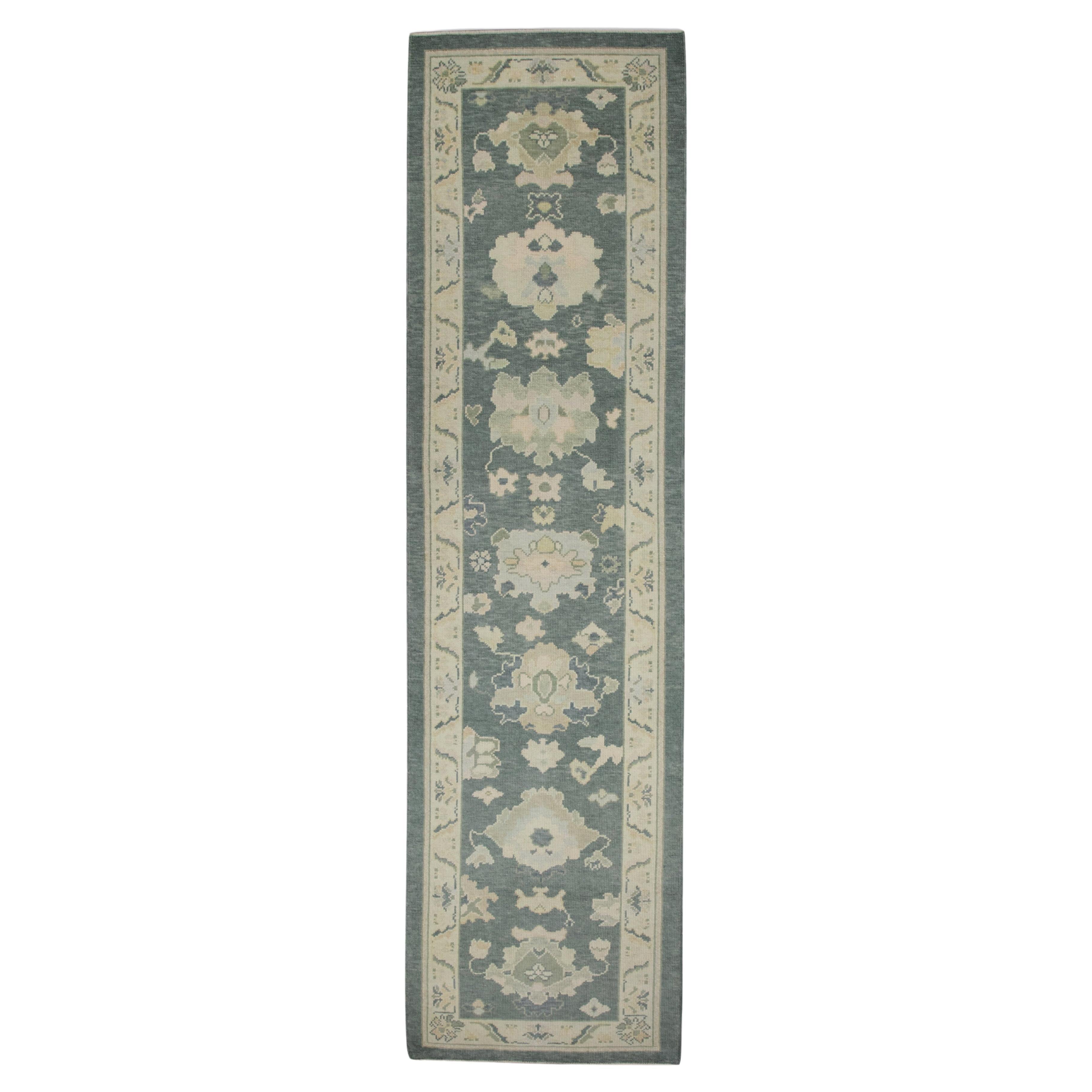 Turkish Oushak Runner Rug Soft Blue & Ivory Handwoven Wool Rug 3'2" x 11'10"