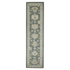 Tappeto turco Oushak Runner Tappeto in lana morbida blu e avorio tessuto a mano 3'2" x 11'10"