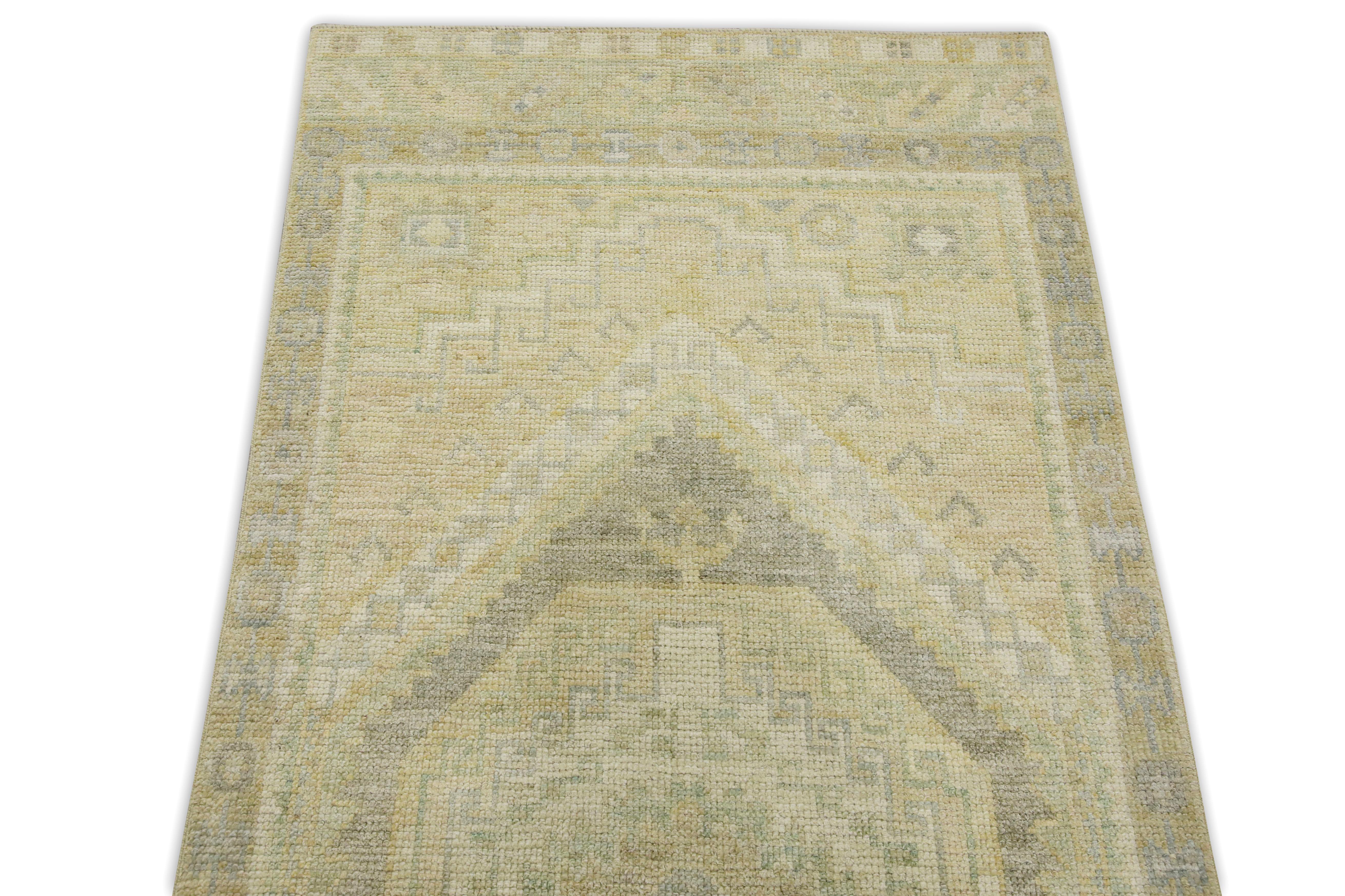 Türkischer Oushak Läufer Teppich Taupe, Sage & Blau Handgewebter Wollteppich 2'11