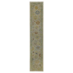 Turkish Oushak Runner Rug with Blue and Brown Floral Details on Ivory Field