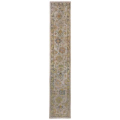 Turkish Oushak Runner Rug with Blue and Gold Floral Details on Ivory Field